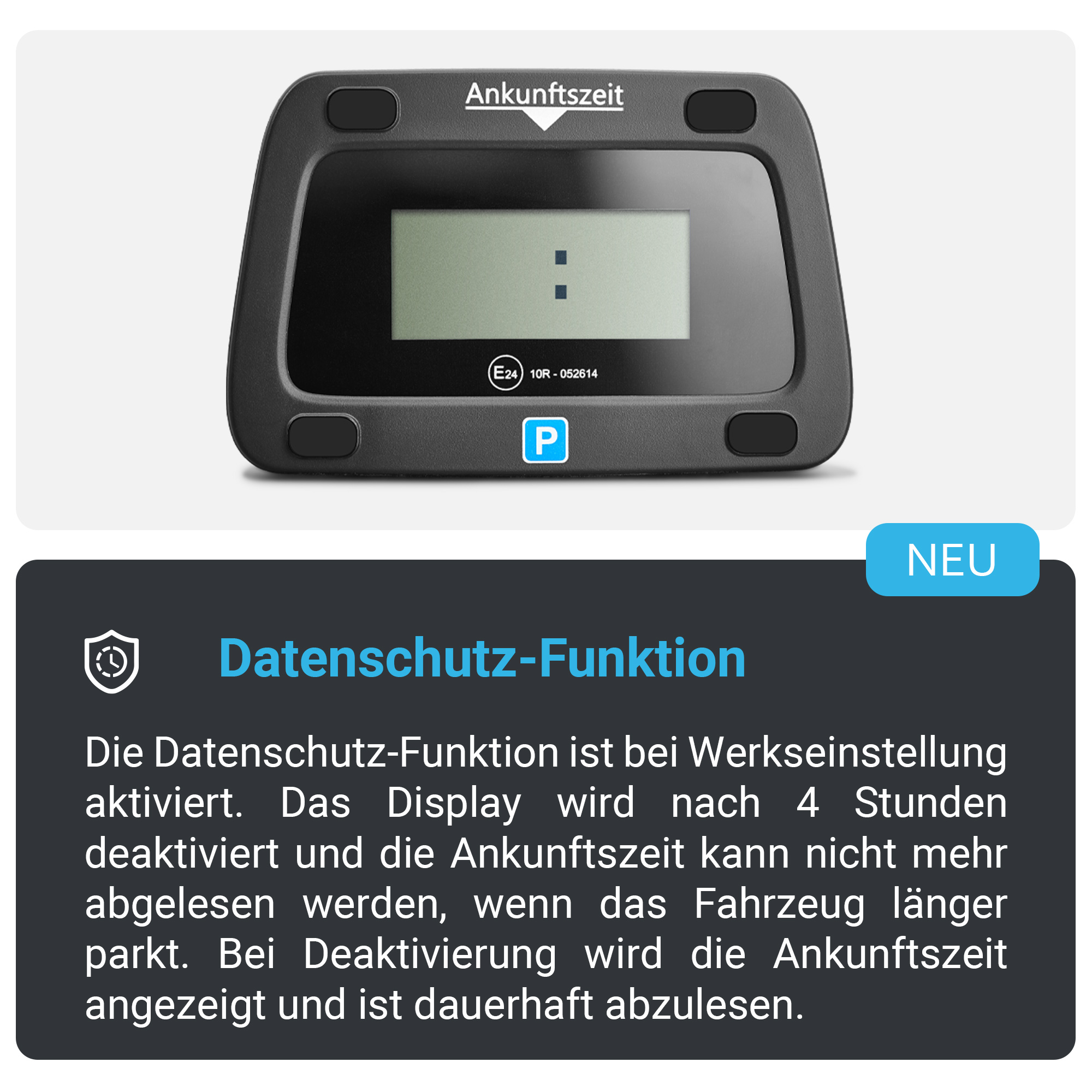 Schwarzer Parkzeittimer mit Display. Zeigt die Zeit an. Informationen unten in blauem Balken zum Datenschutz.