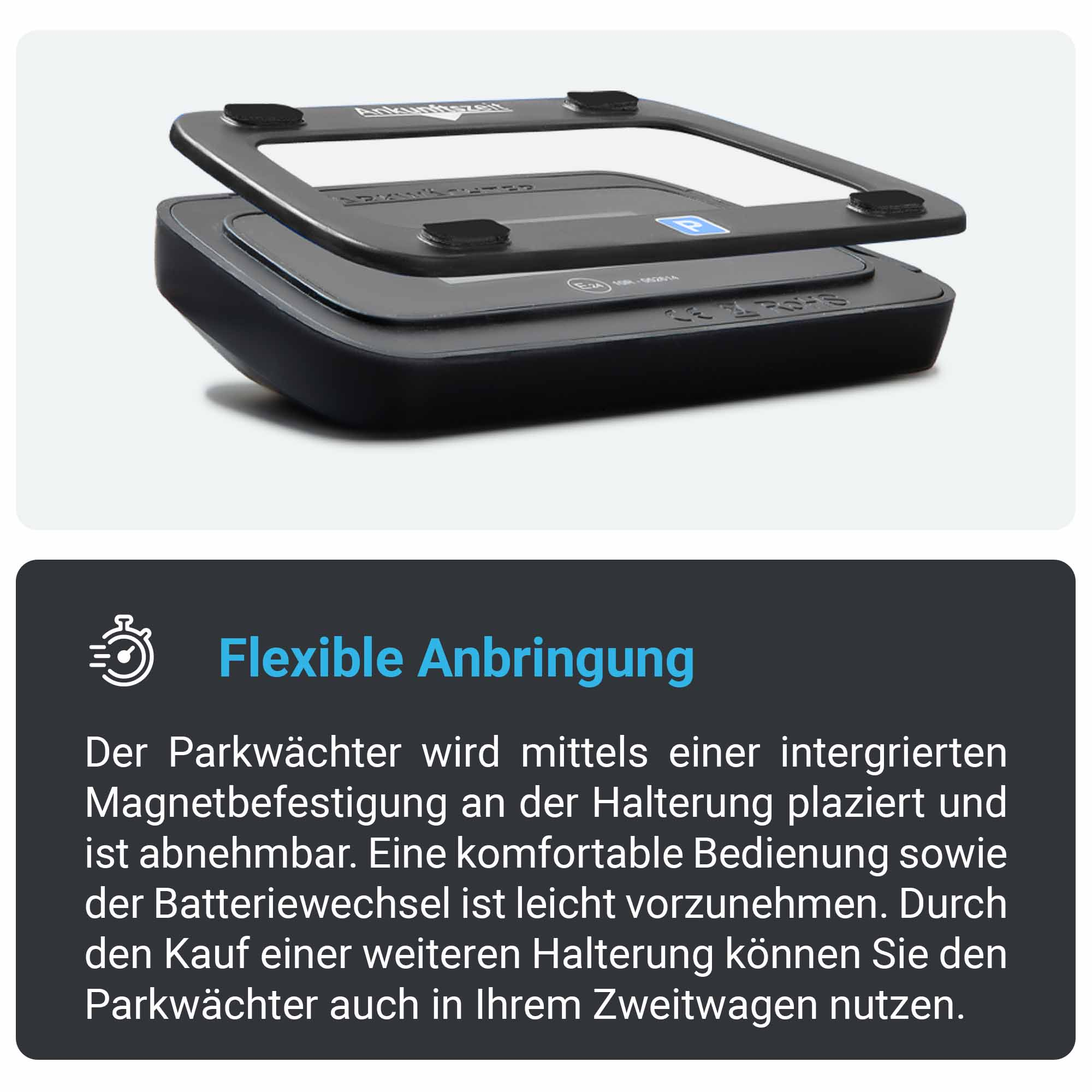 Ein schwarzes Parkassistentgerät mit seiner Montagevorrichtung.