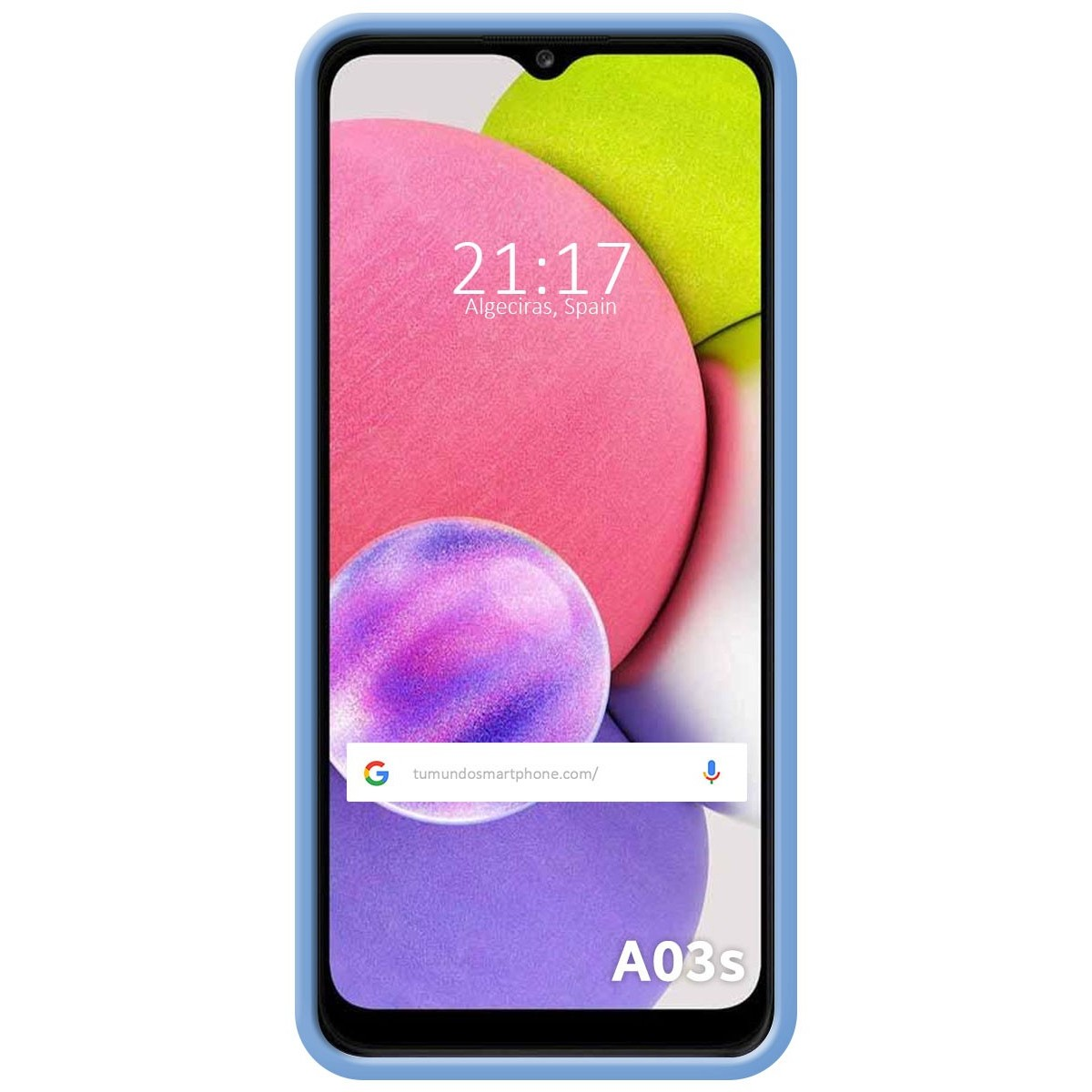 Custodia per telefono con uno sfondo astratto rosa, verde e viola. Il telefono mostra l'ora e il sito web.