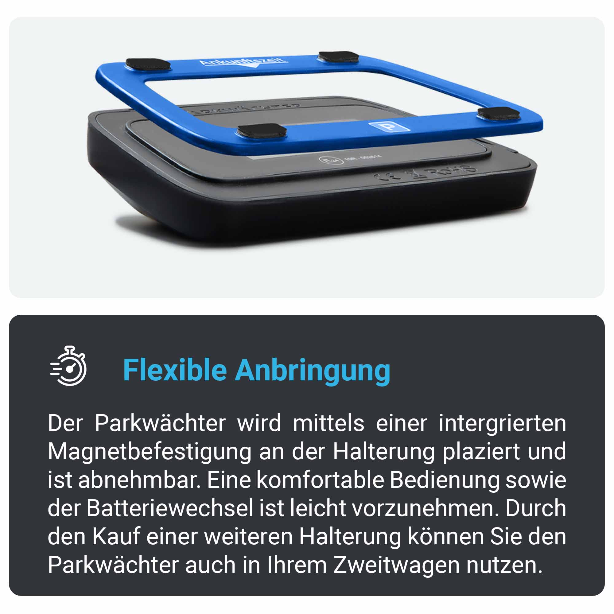 Parkscheibe mit blauem Rahmen, auf schwarzer Basis mit Text und Diagramm platziert.
