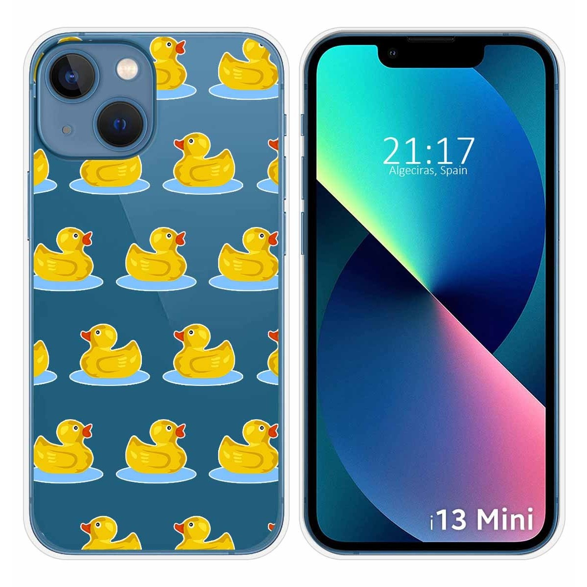 Funda: patrón de patos amarillos. Teléfono muestra la interfaz con la hora e iconos.