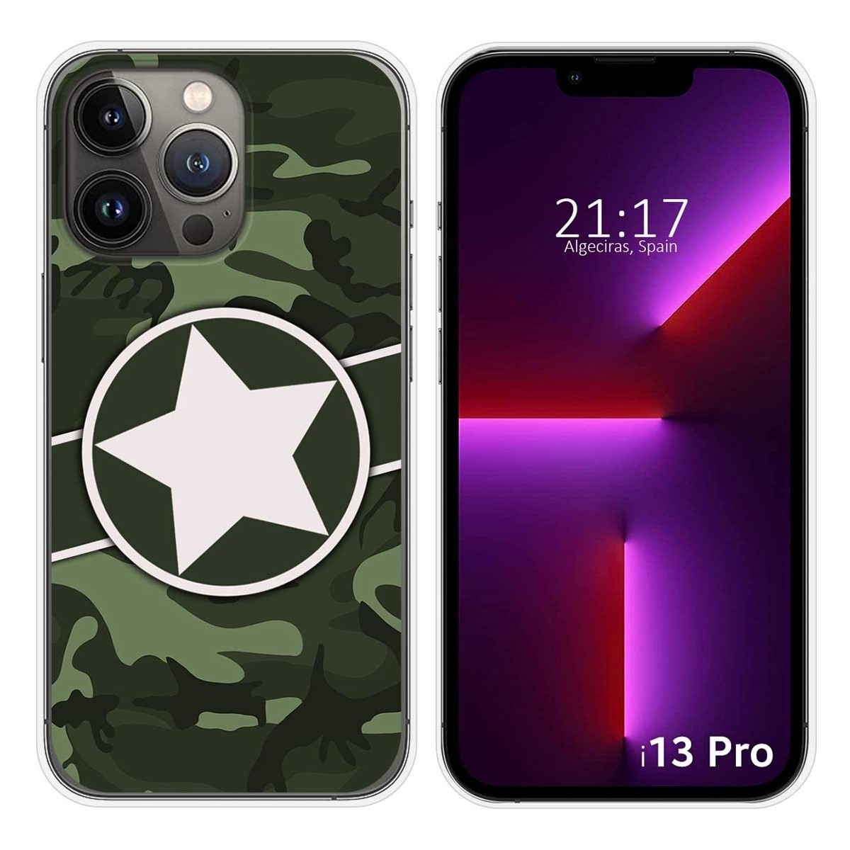 Funda con patrón de camuflaje y una estrella blanca. La pantalla muestra la hora.
