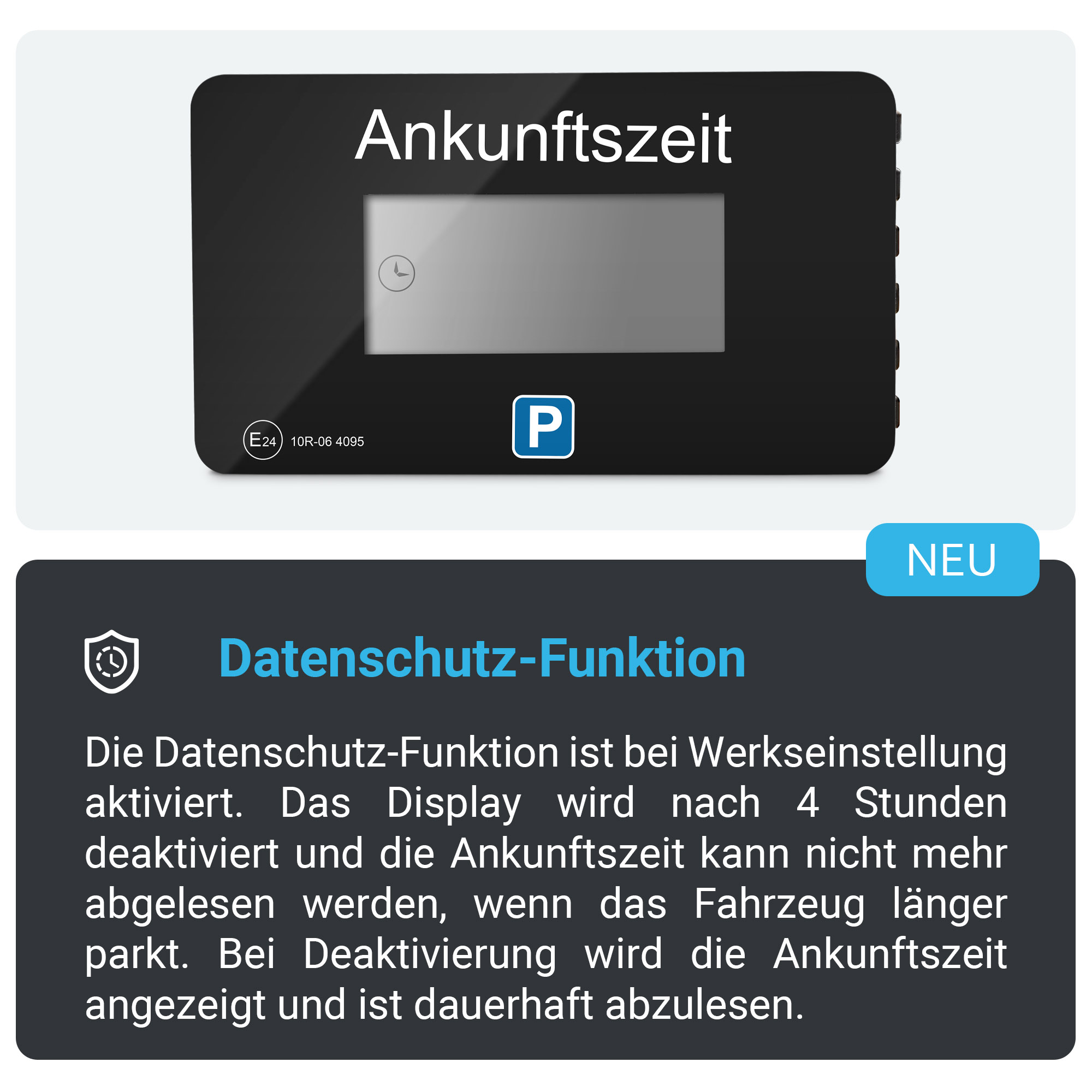 Schwarze Parkscheibe mit Anzeige der Zeit und Textfeld zur Erklärung der Datenschutzfunktion.