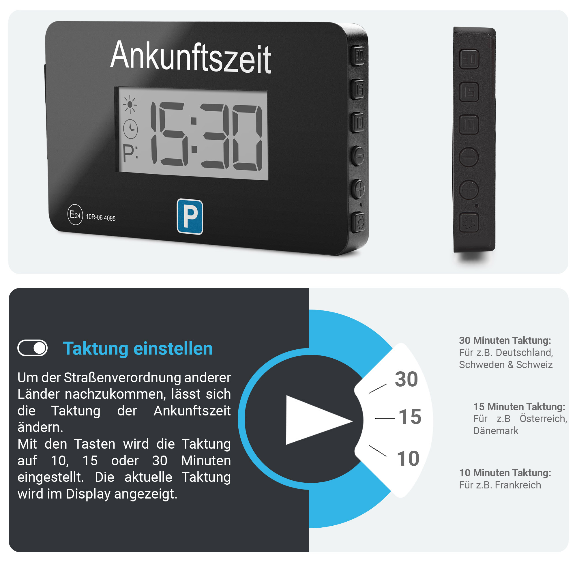 Ein schwarzer Parktimer mit Digitalanzeige der Zeit und Knöpfen.
