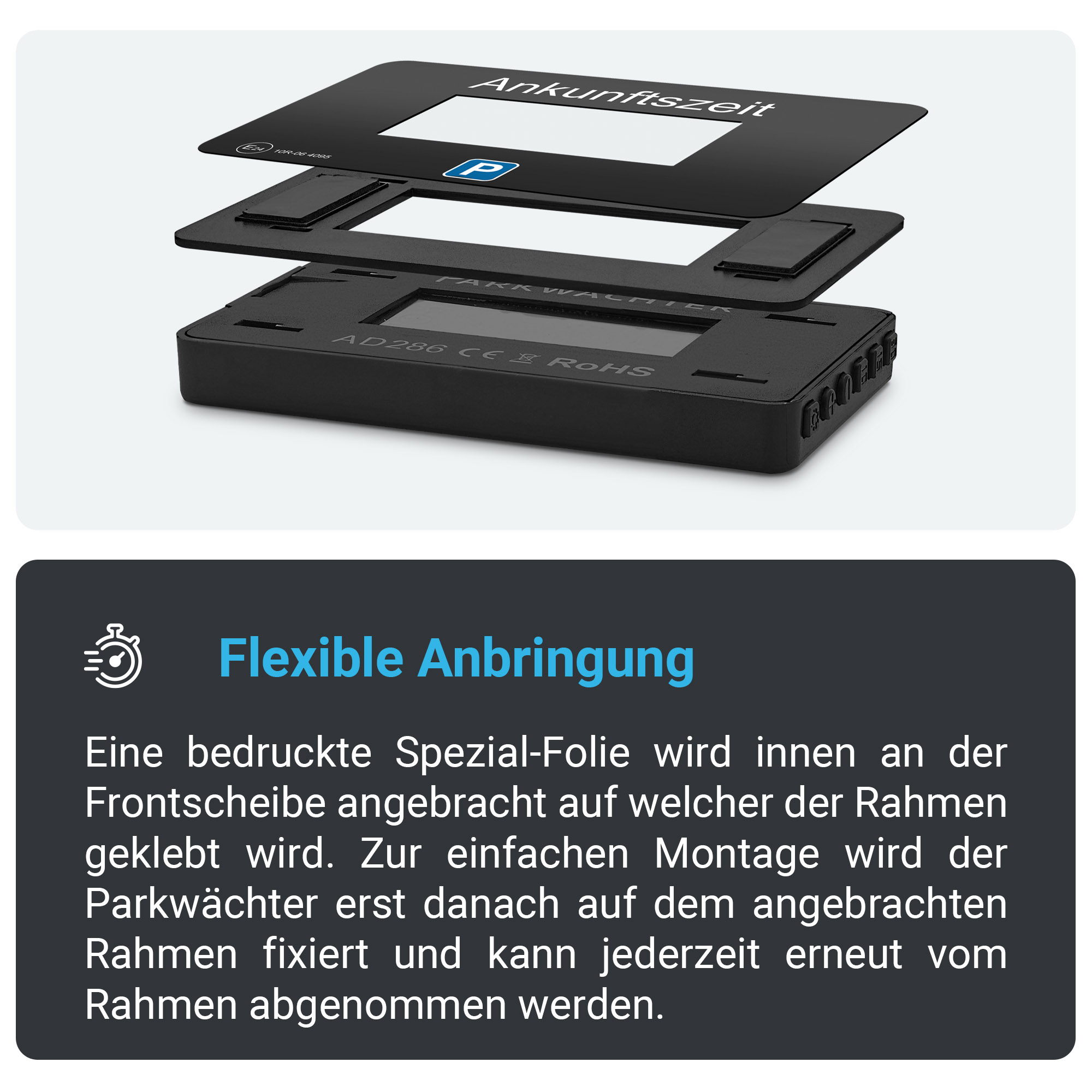 Dreischichtige Parkscheibe mit Text und einem schwarzen Gehäuse.