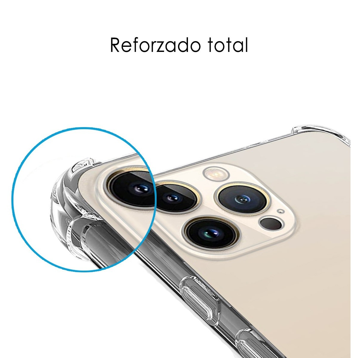Custodia trasparente con dettagli fotocamera. Si vede il testo "Reforzado total".