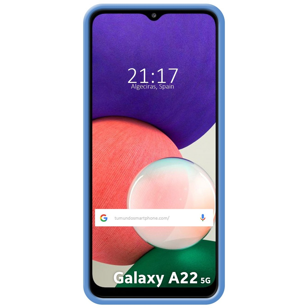 Custodia per telefono con cornice blu, lo schermo mostra ora e testo.