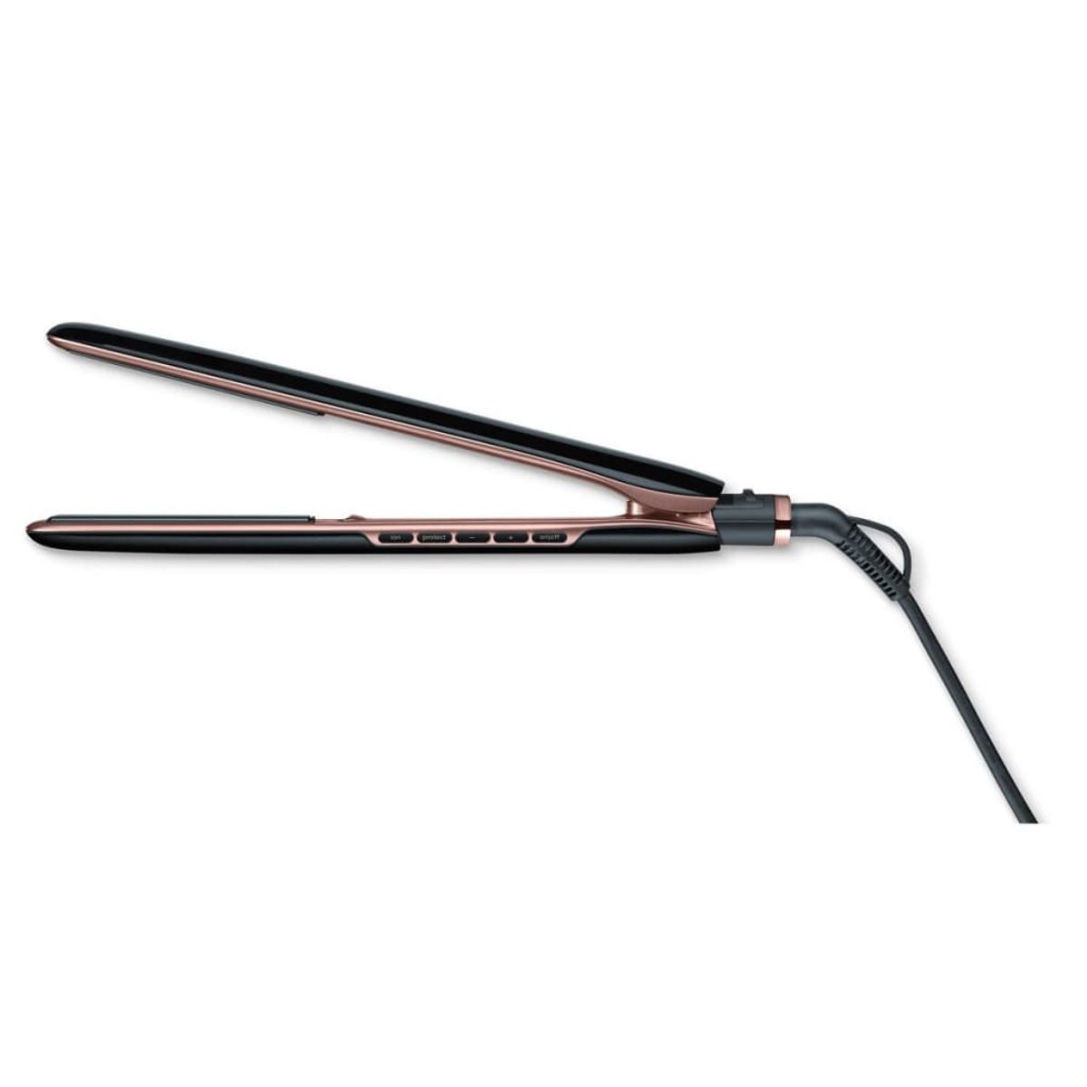 Piastra per capelli nera e oro rosa con cavo nero su sfondo bianco.