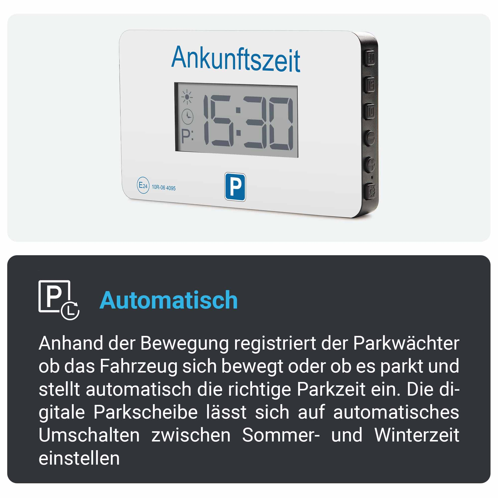 Ein digitaler Parkzeittimer mit Zeitanzeige und Infos zur automatischen Einstellung.