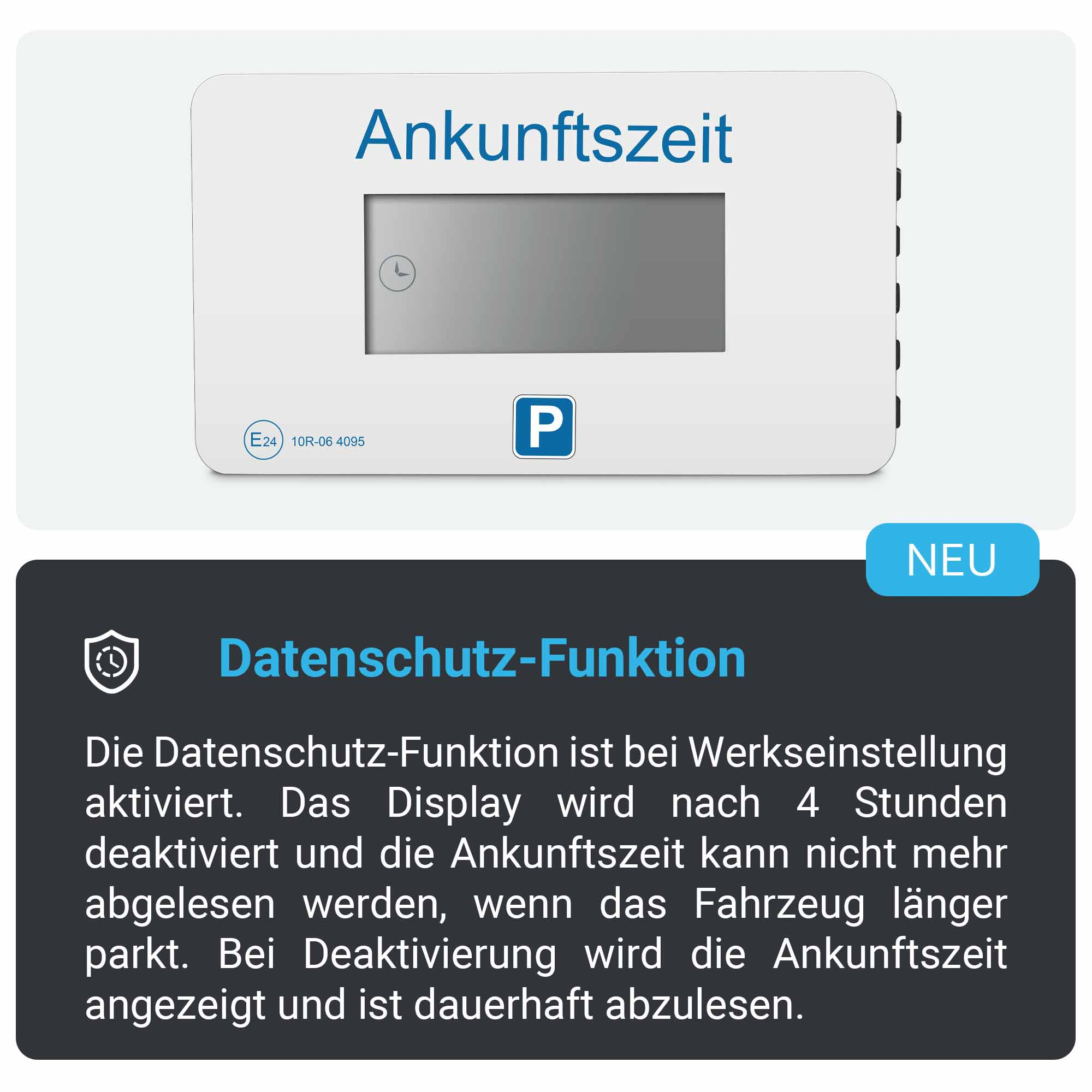 Weißes Gerät mit Text oben, plus eine schwarze Box mit Text zum Datenschutz. Der Hintergrund ist weiß.