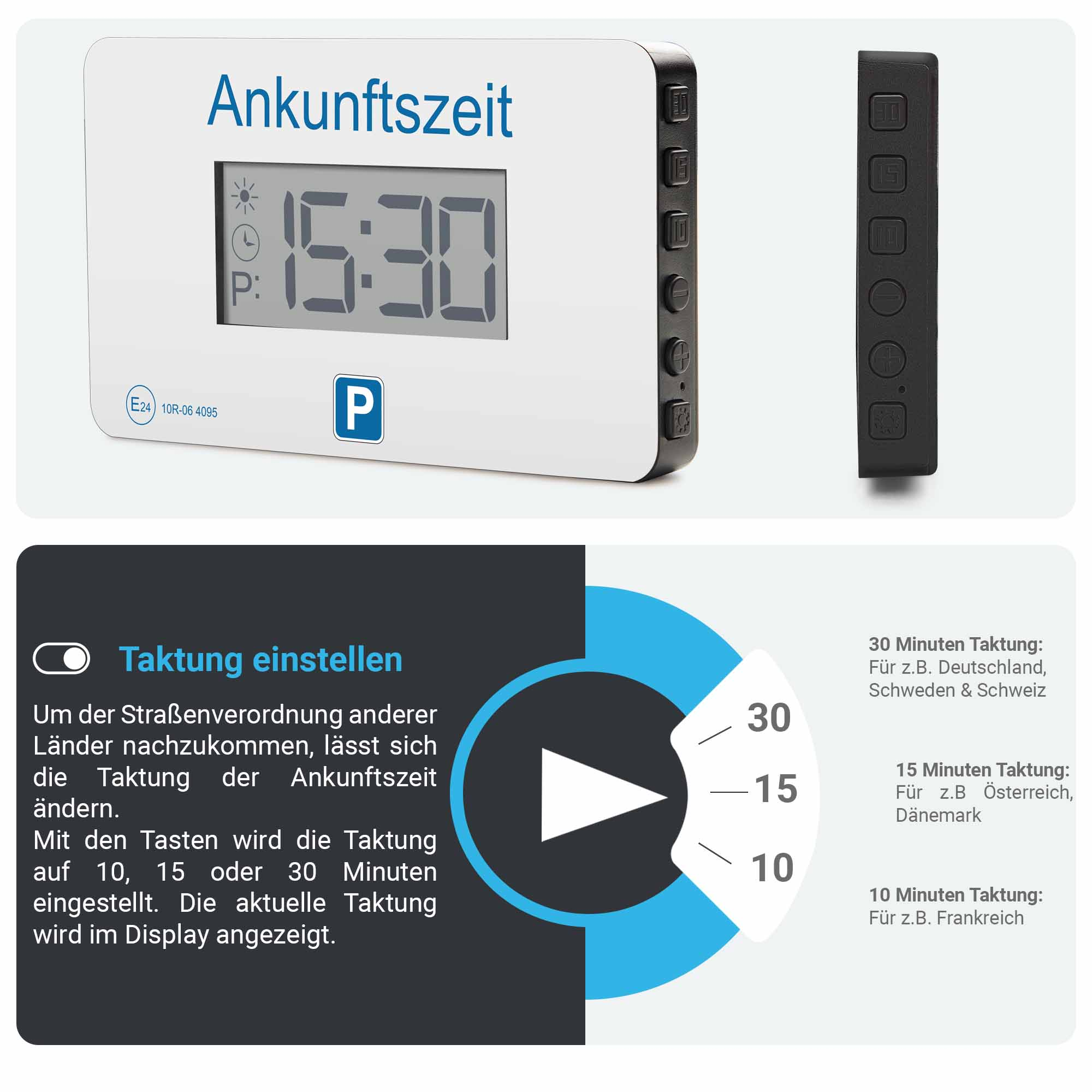 Digitaler Parktimer und Fernbedienung. Bildschirm zeigt Zeit. Text und Diagramme.