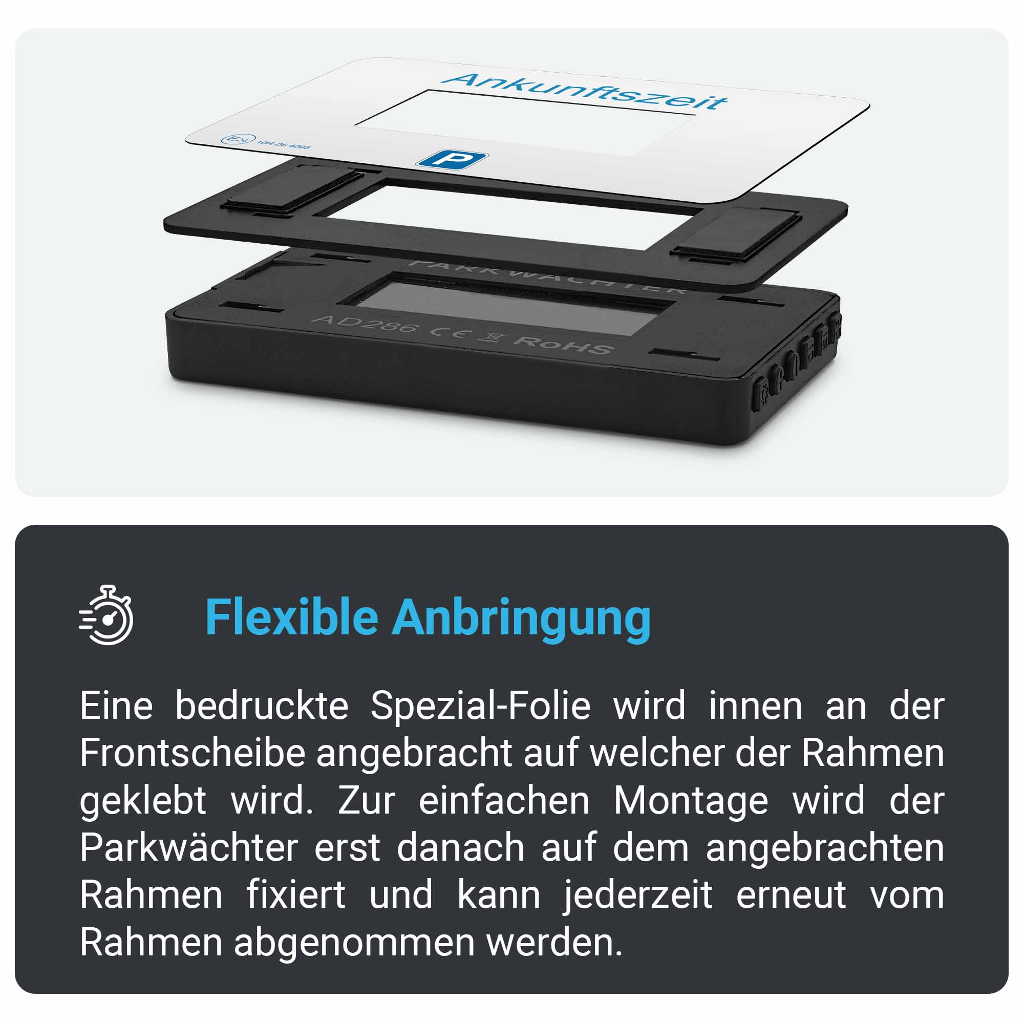 Eine Parkscheibe mit Anweisungen auf einem schwarzen Rahmen und Text. Weißer Hintergrund.