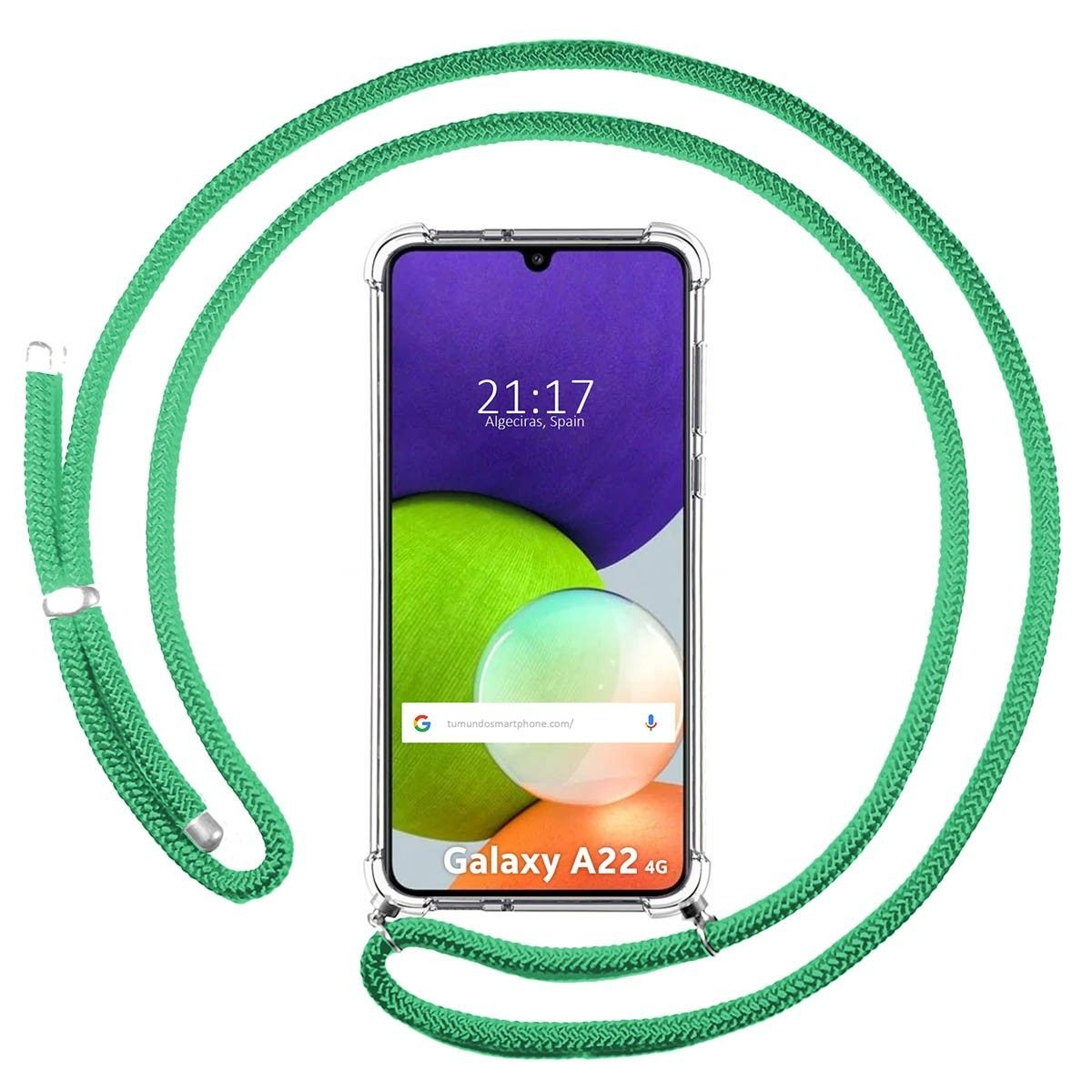 Telefono con cordino verde. Lo schermo del telefono mostra ora e sito web, con design giallo e rosa.