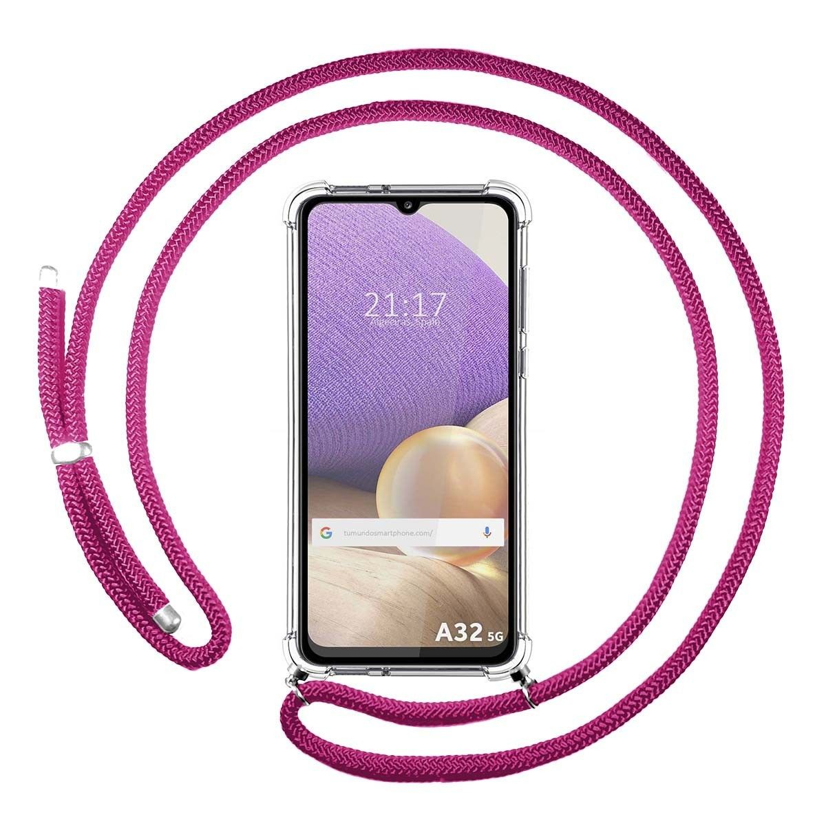 Custodia trasparente con cordino rosa stile corda attaccato e telefono con schermo viola.