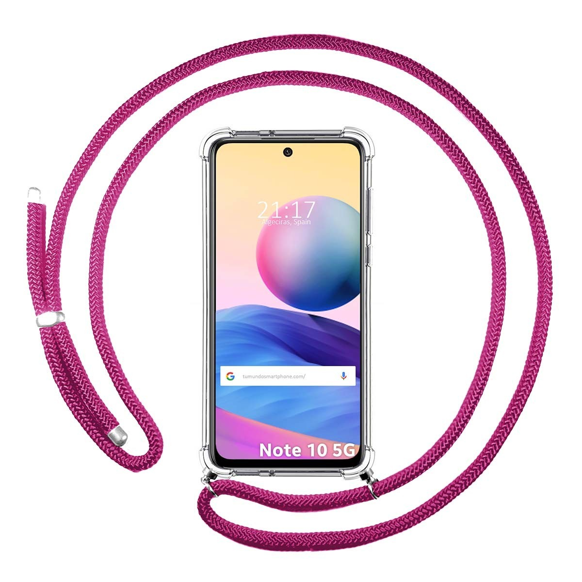 Telefono con cordino rosa. Lo schermo mostra l'ora e il sito web.