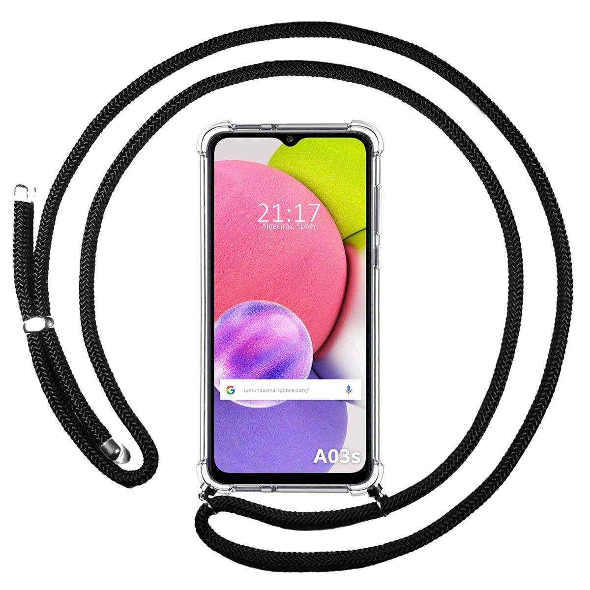 Telefono con cordino nero. Mostra l'ora e una barra di ricerca. Sfondo rosa e giallo.