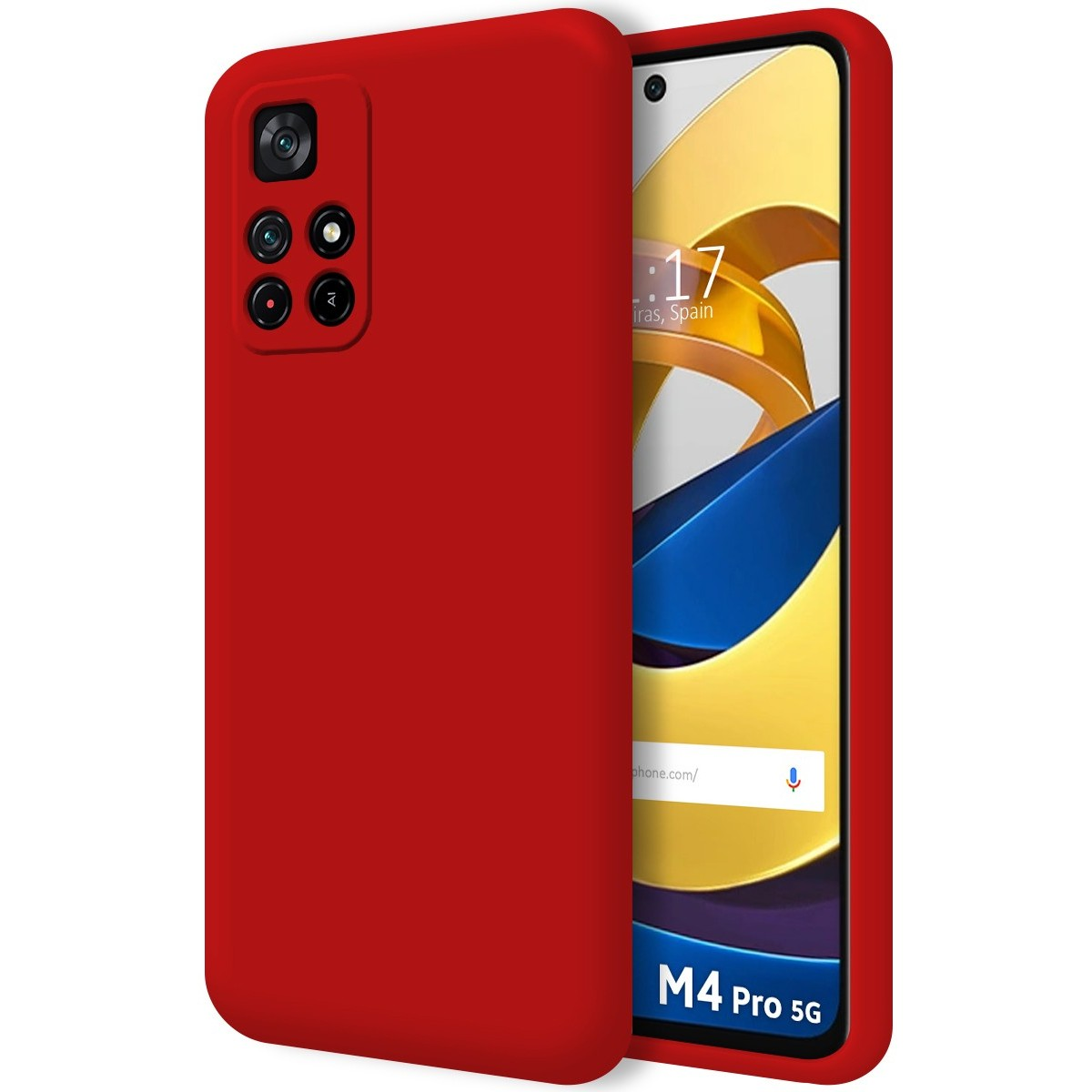 Custodia per telefono rossa. Telefono rosso. Fotocamere nere. Schermo nero.