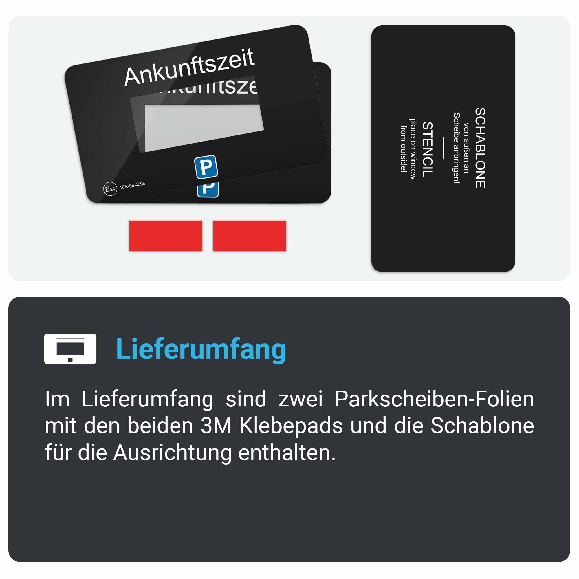 Zwei Parkscheibenkarten mit schwarzem Hintergrund. Eine zeigt die Ankunftszeit, die andere eine Schablone für das Fenster.