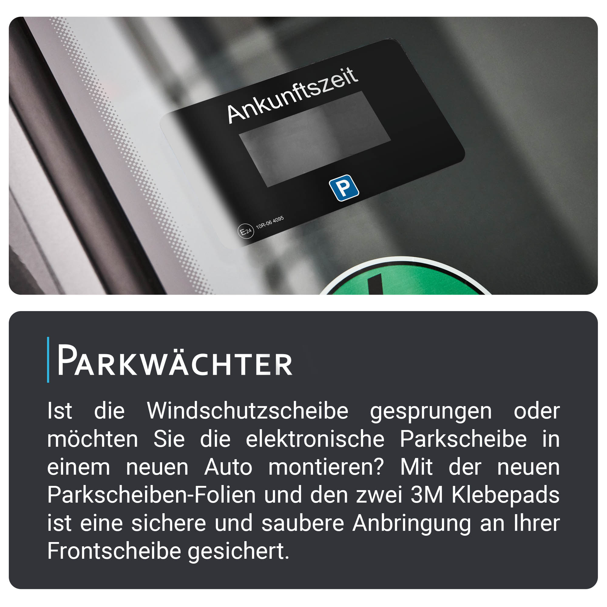Schwarze Parkzeitanzeige auf einer Windschutzscheibe, mit einer Beschreibung zum Parken.