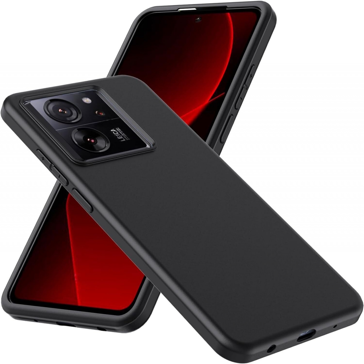 Zwei schwarze Handyhüllen auf weißem Hintergrund, eine mit Telefon. Leica-Objektiv-Branding.