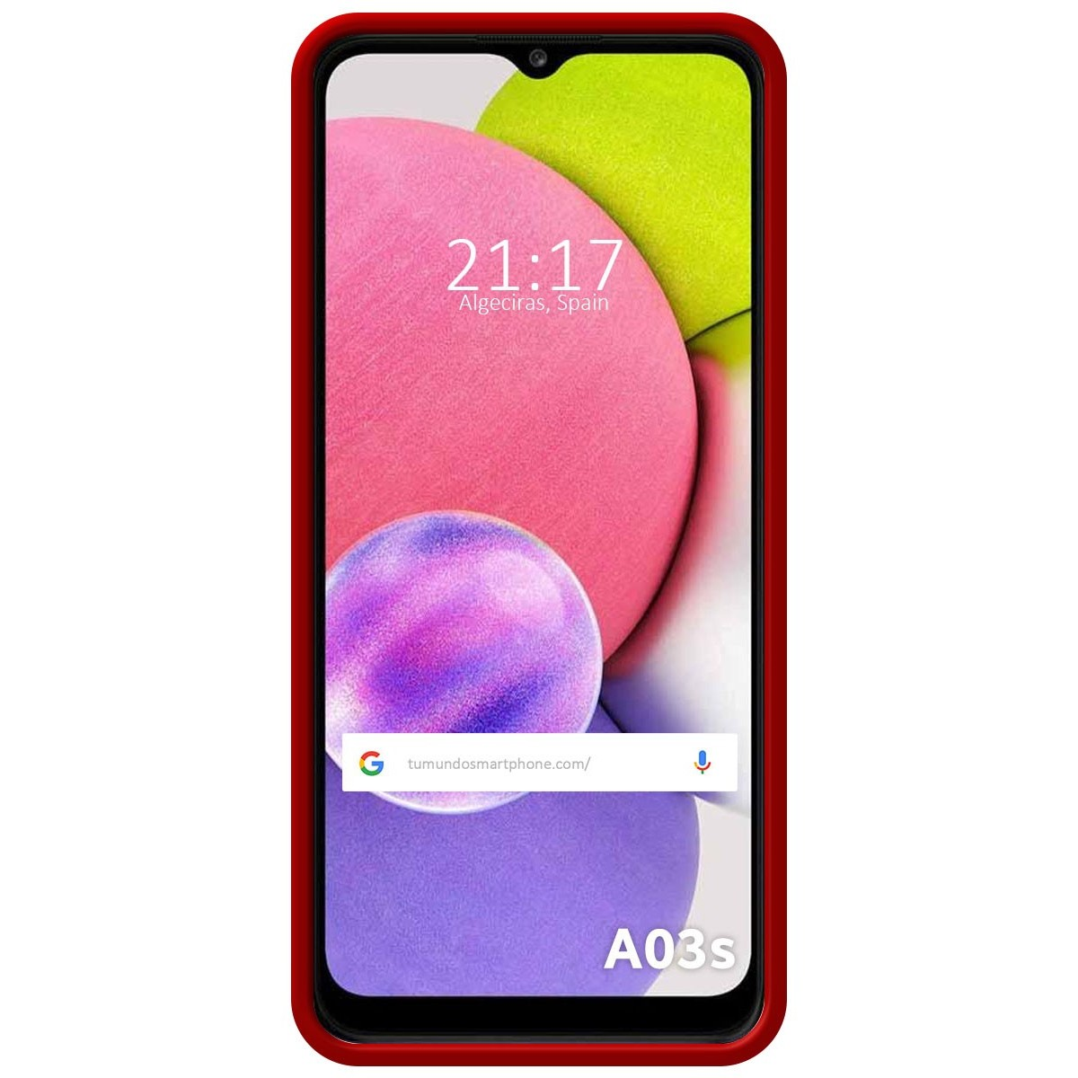 Custodia rossa con sfondo astratto rosa e viola. Schermo mostra ora e barra di ricerca Google.