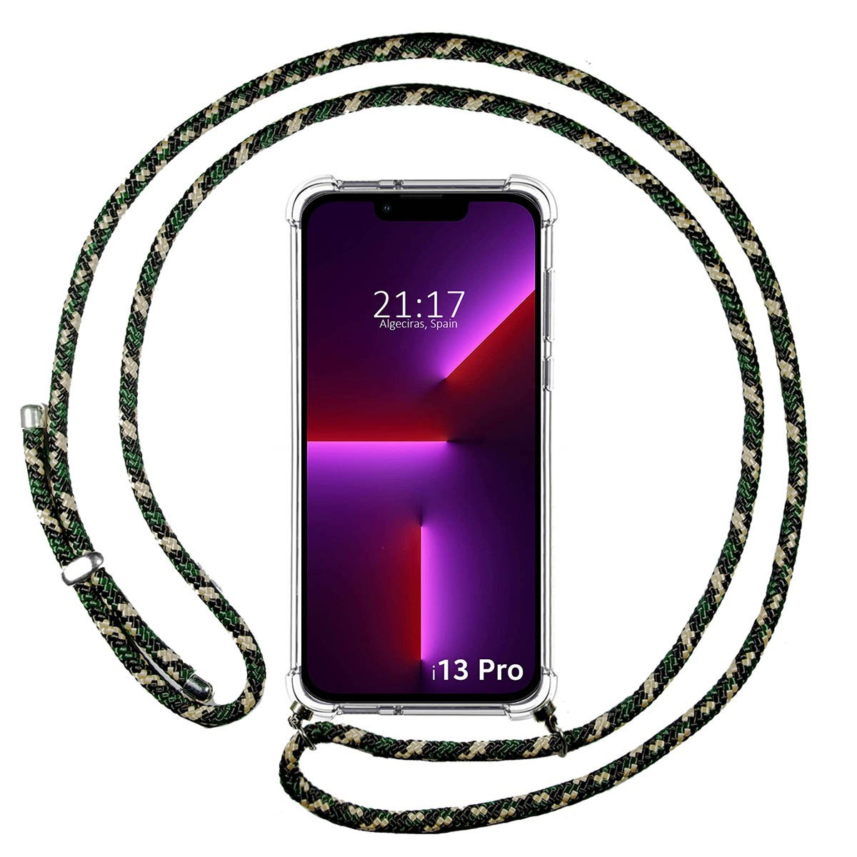 Telefono con cordino. Il telefono ha una custodia trasparente. Il cordino è verde e nero. Il telefono mostra l'ora e i13 Pro.