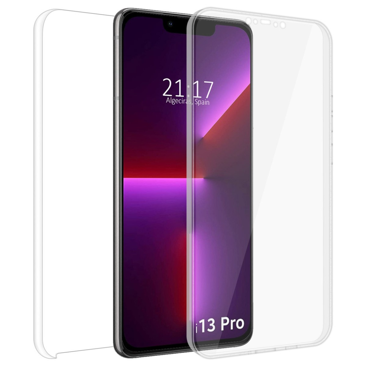 Telefono con una protezione schermo trasparente, che mostra una sfumatura viola e rossa.