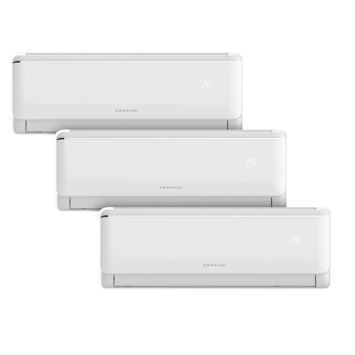 Tres aires acondicionados blancos, cada uno mostrando el número 26.
