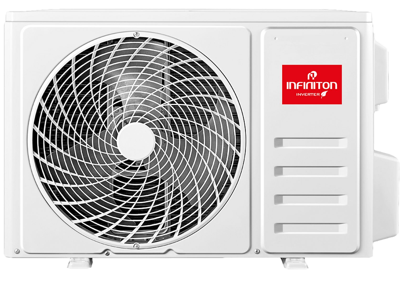 Una unidad de aire acondicionado con cuerpo blanco y ventilador en el centro. Marca visible.