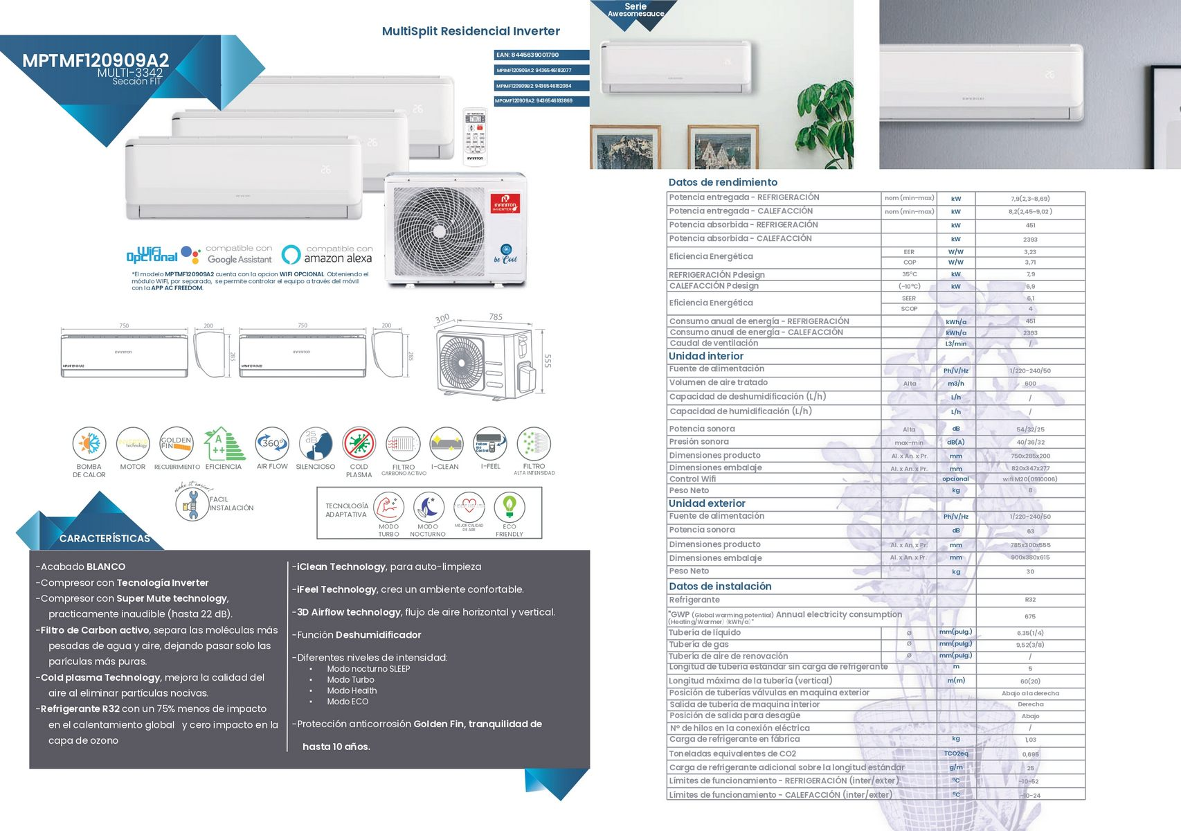 Folleto con detalles de aire acondicionado, especificaciones técnicas y descripciones de funciones.