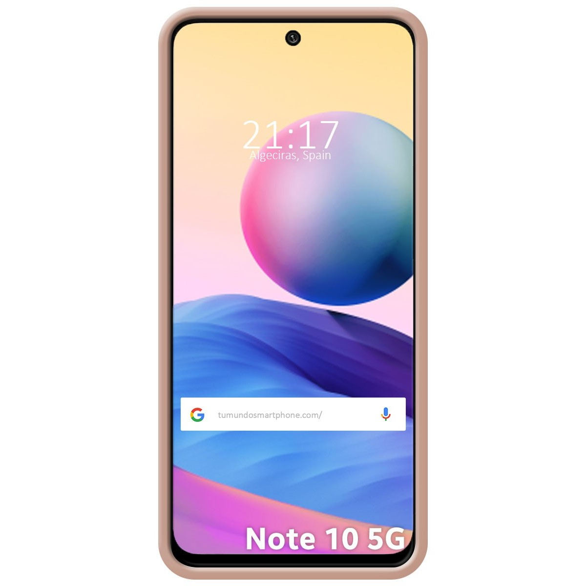 Schermo del telefono che mostra uno sfondo astratto colorato, con testo e logo.