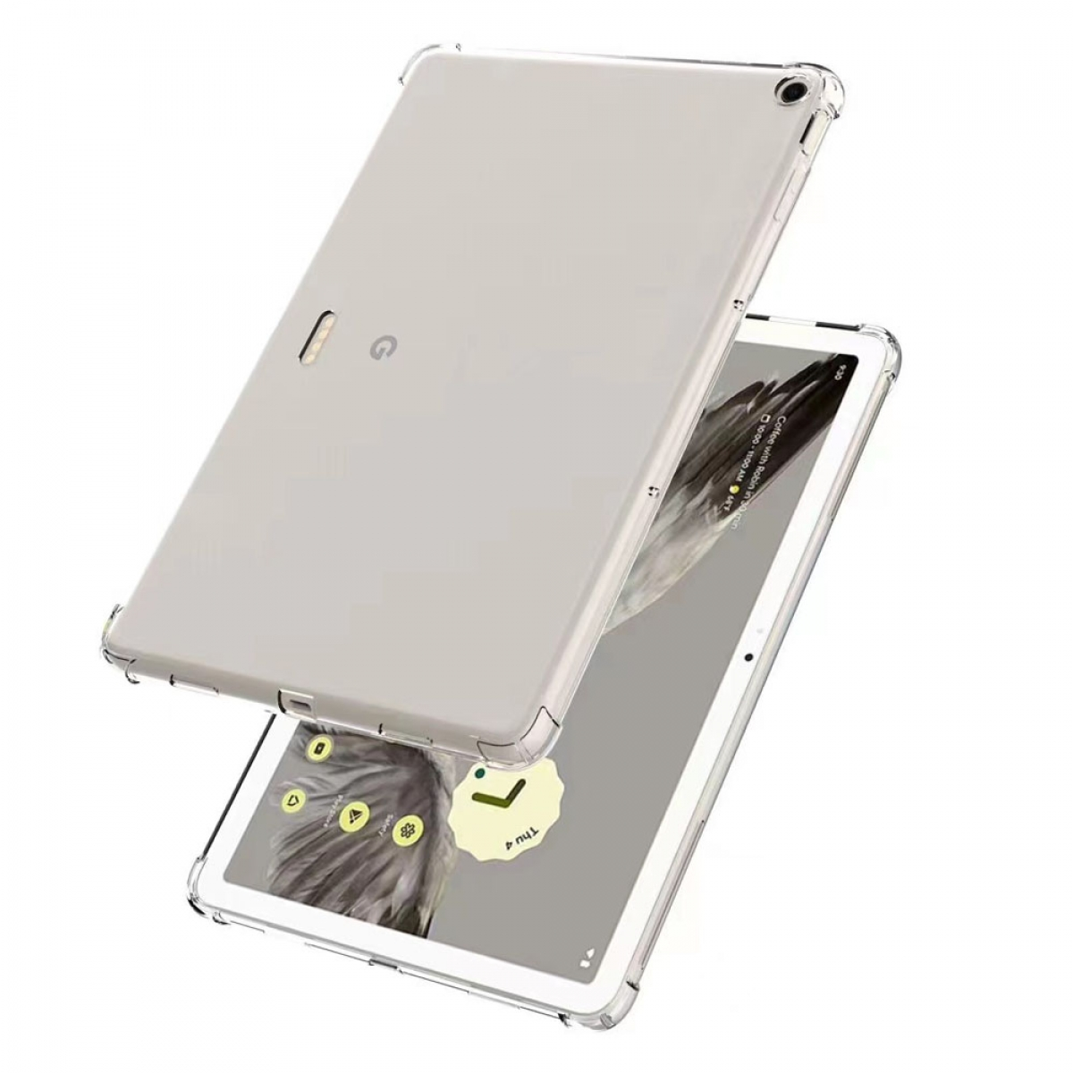 Zwei Tablets in transparenten Hüllen, eines auf dem anderen, vor weißem Hintergrund.