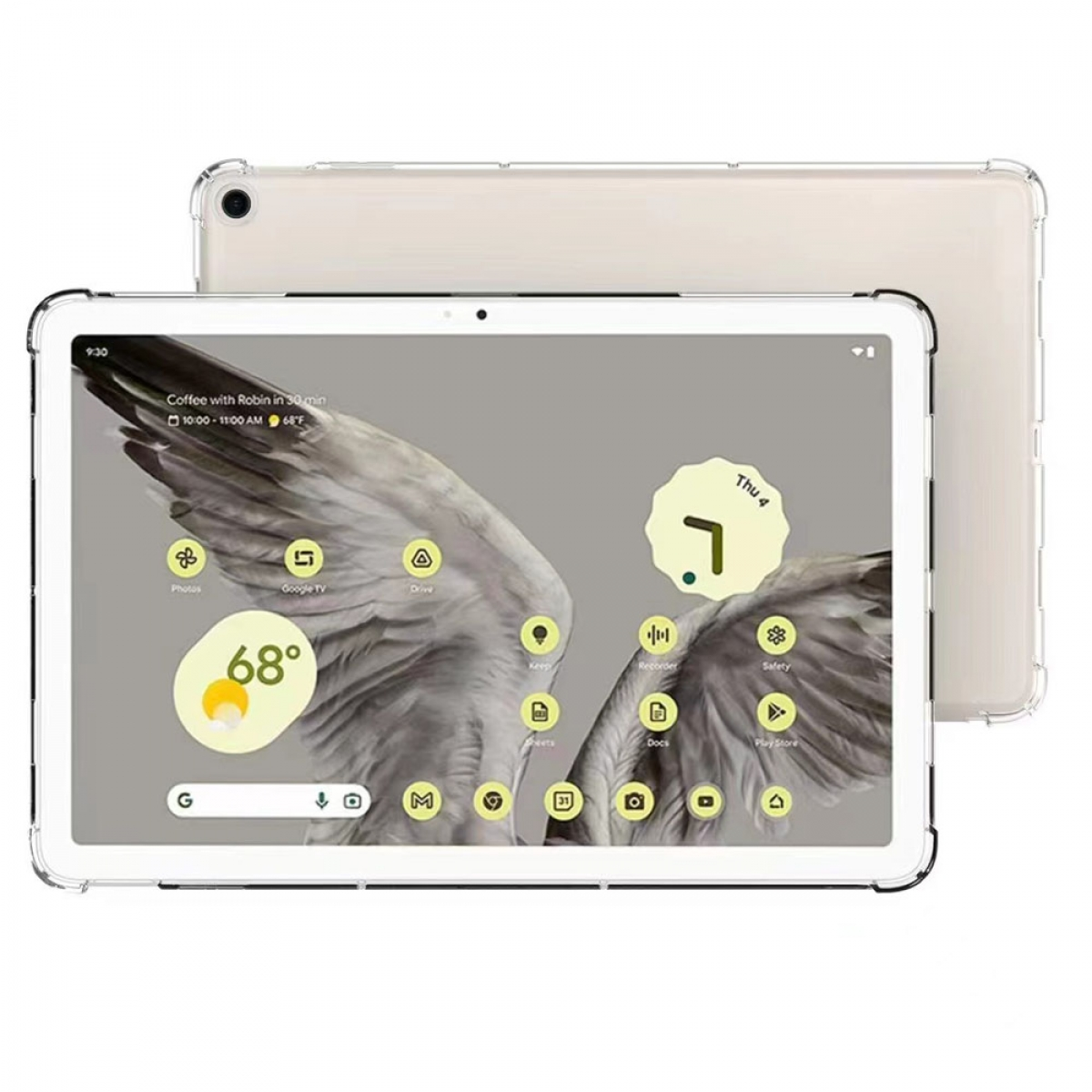 Ein Tablet in einer durchsichtigen Hülle zeigt Uhrzeit, Wetter und App-Symbole. Ein zweites Tablet ist dahinter.