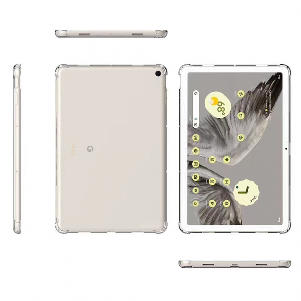 Tablet mit Hülle, zeigt Vorder-, Rück- und Seitenansichten. Bildschirm zeigt Symbole und ein Wetter-Widget.
