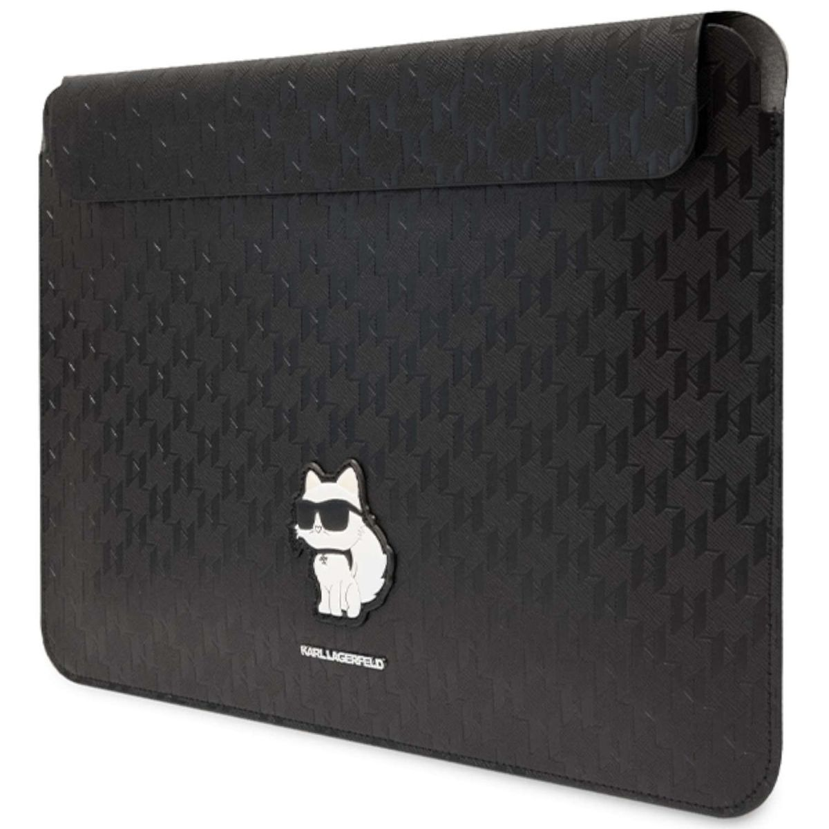 Custodia per laptop nera con motivo ripetuto e logo di gatto bianco con occhiali da sole. Marchio Karl Lagerfeld.