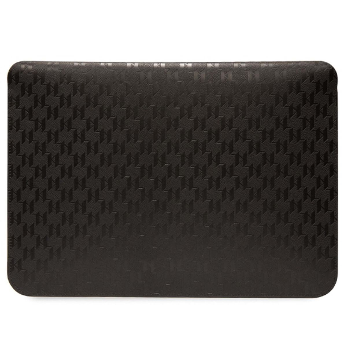 Custodia per laptop nera con texture in pelle e un motivo ripetuto del logo 'KL' Karl Lagerfeld.