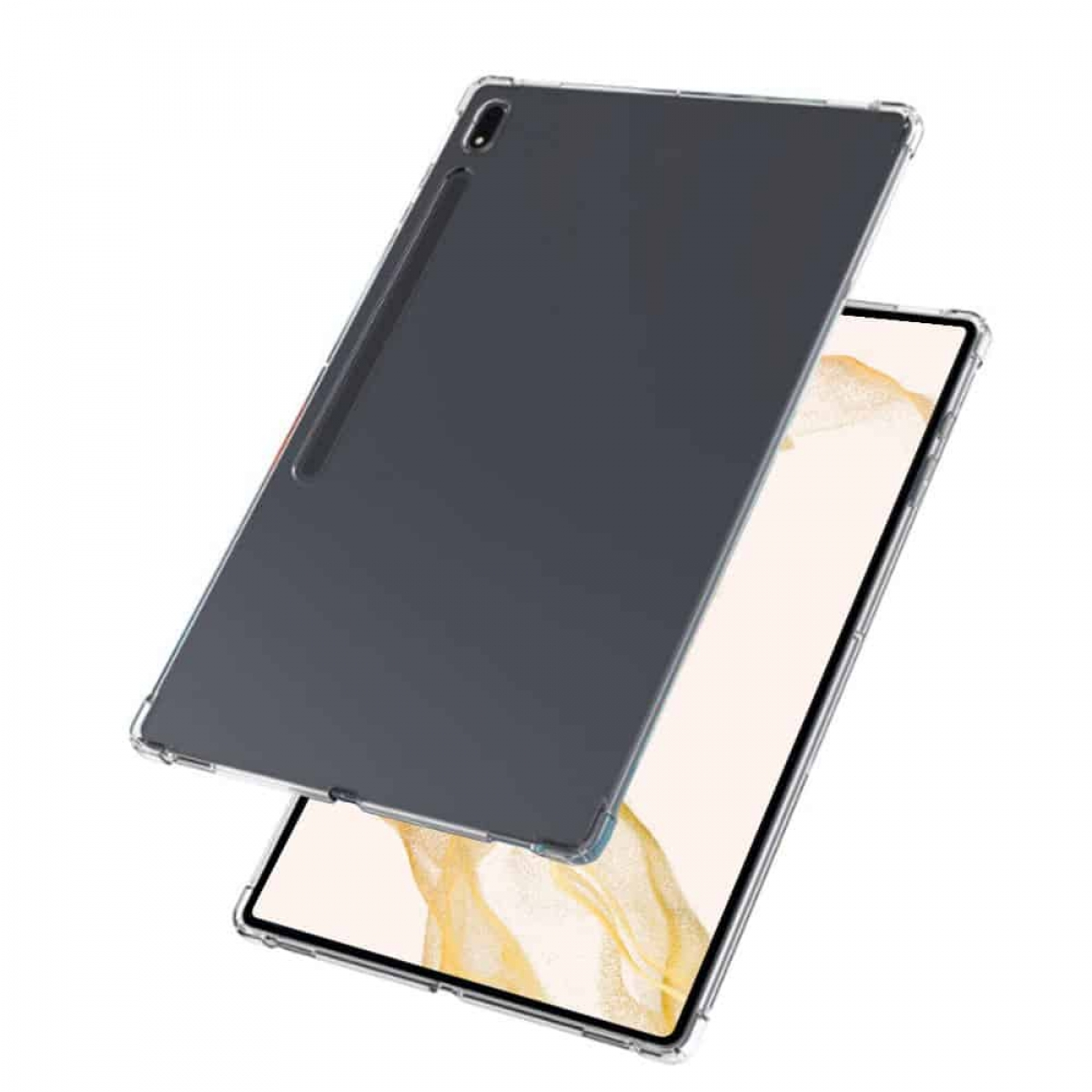 Ein Tablet mit Schutzhülle und einem Eingabestift auf weißem Hintergrund.