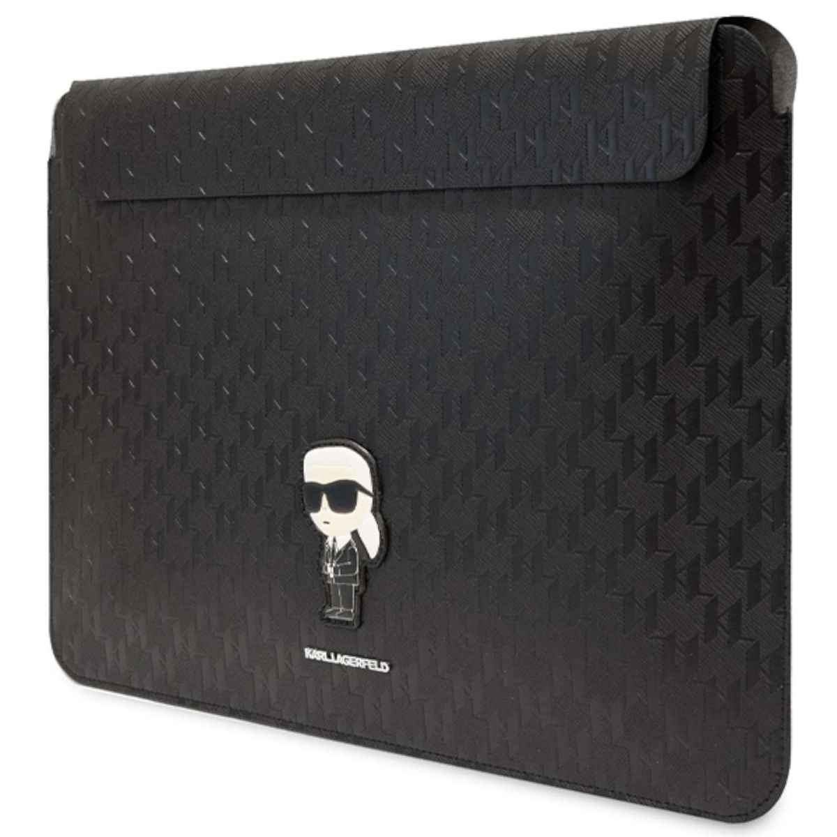 Schwarze Laptop-Hülle mit Karl Lagerfeld Logo. Mit sich wiederholendem Muster und Klappe.