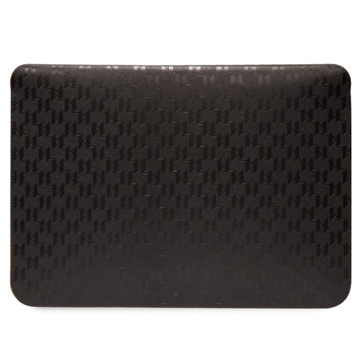 Schwarze Laptoptasche mit sich wiederholendem Muster. Muster ist sich wiederholendes 'K' und 'L'.