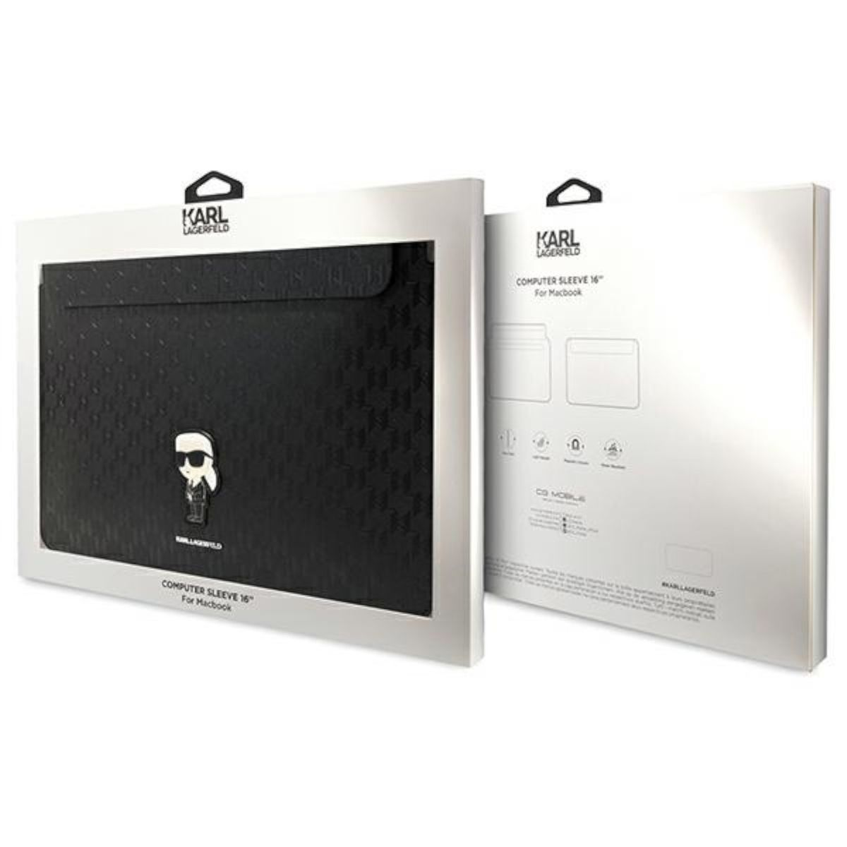 Weiße Box mit Karl-Lagerfeld-Logo, schwarze Hülle innen. Weißer Hintergrund.