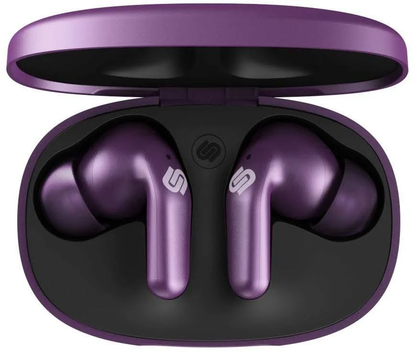 Auricolari wireless viola in una custodia di ricarica. La custodia è aperta.