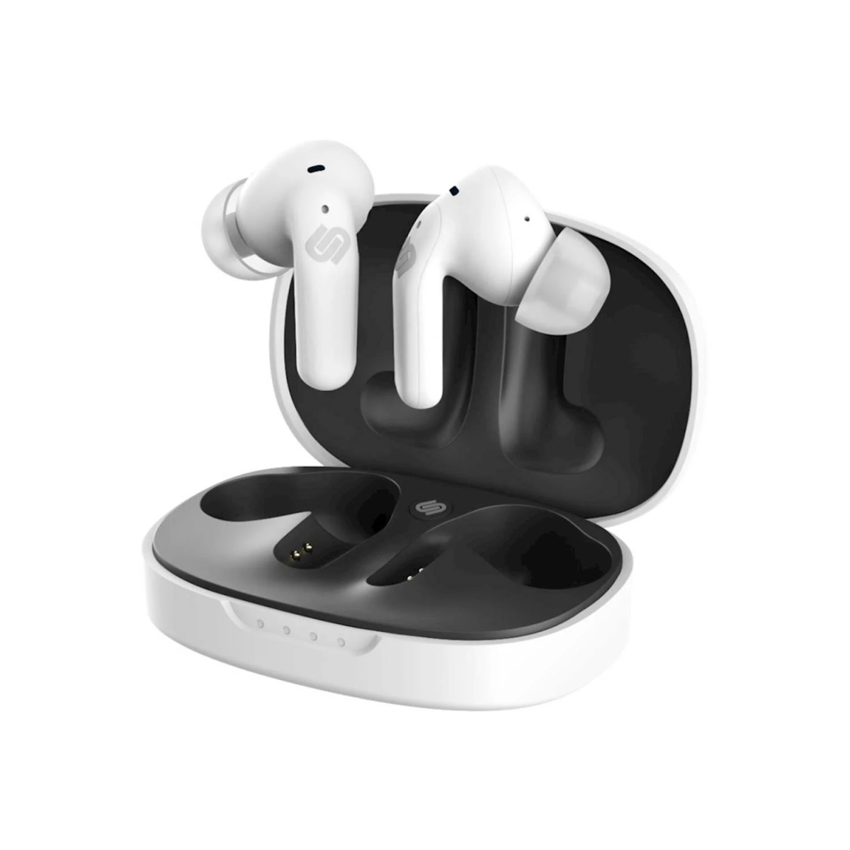Auricolari wireless bianchi in una custodia di ricarica bianca e nera.