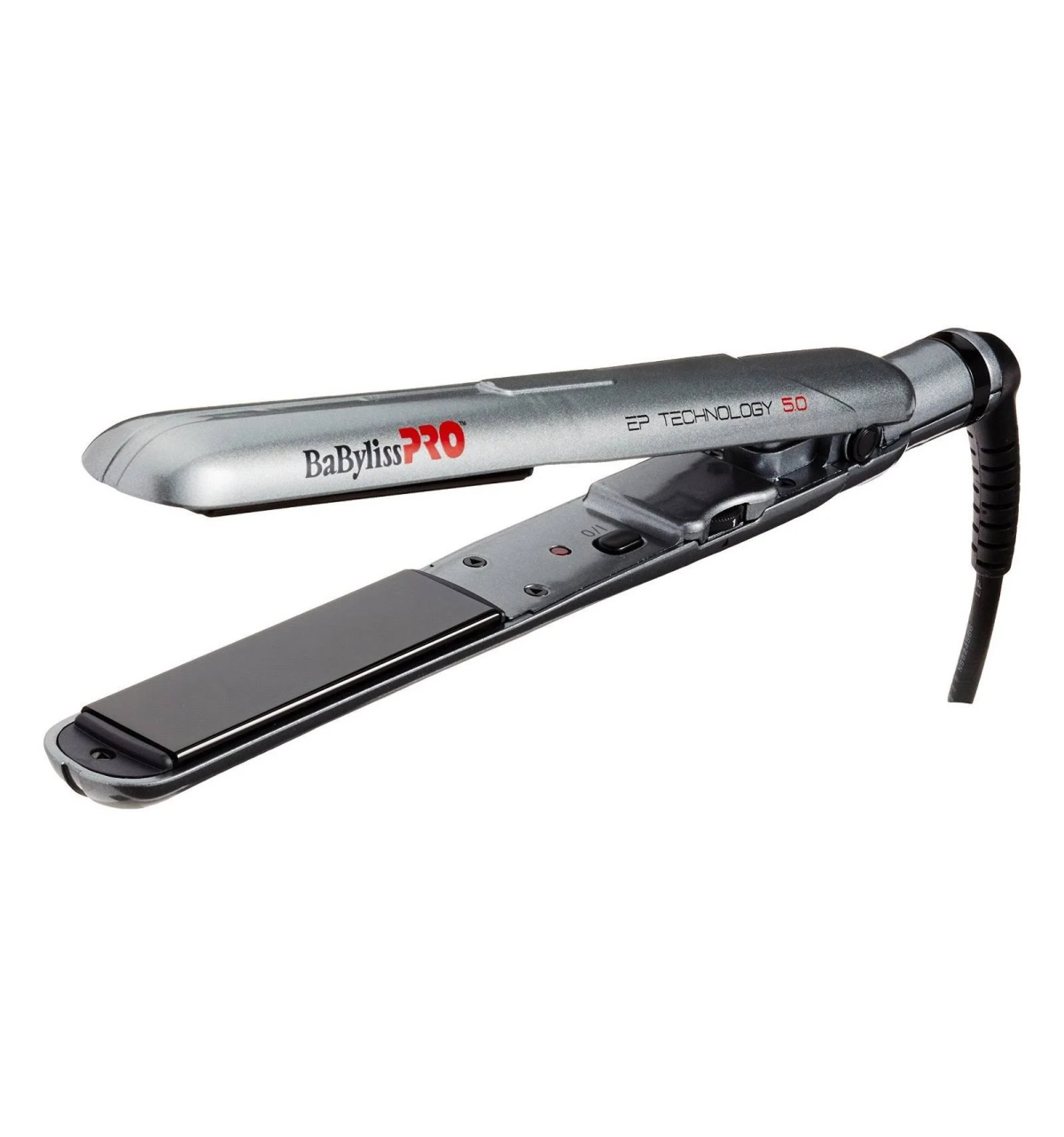 Srebrna prostownica do włosów Babyliss Pro EP Technology 5.0. Widoczne czarne płytki.