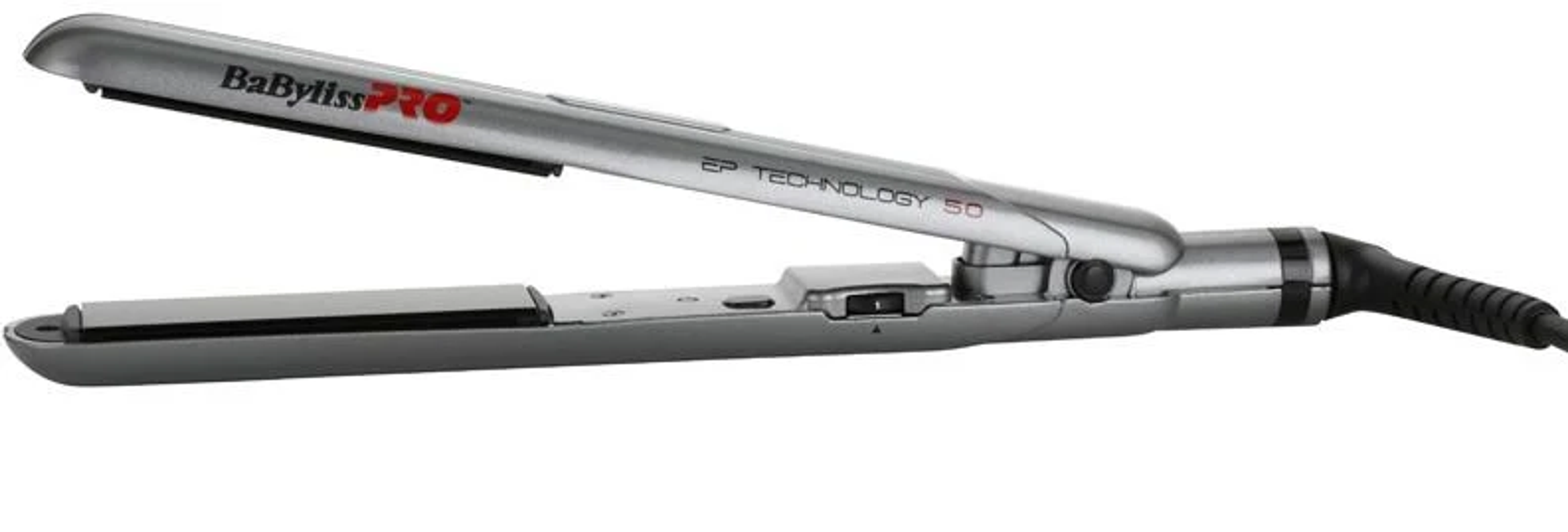 Srebrna prostownica do włosów marki BabyLissPRO. Białe tło.