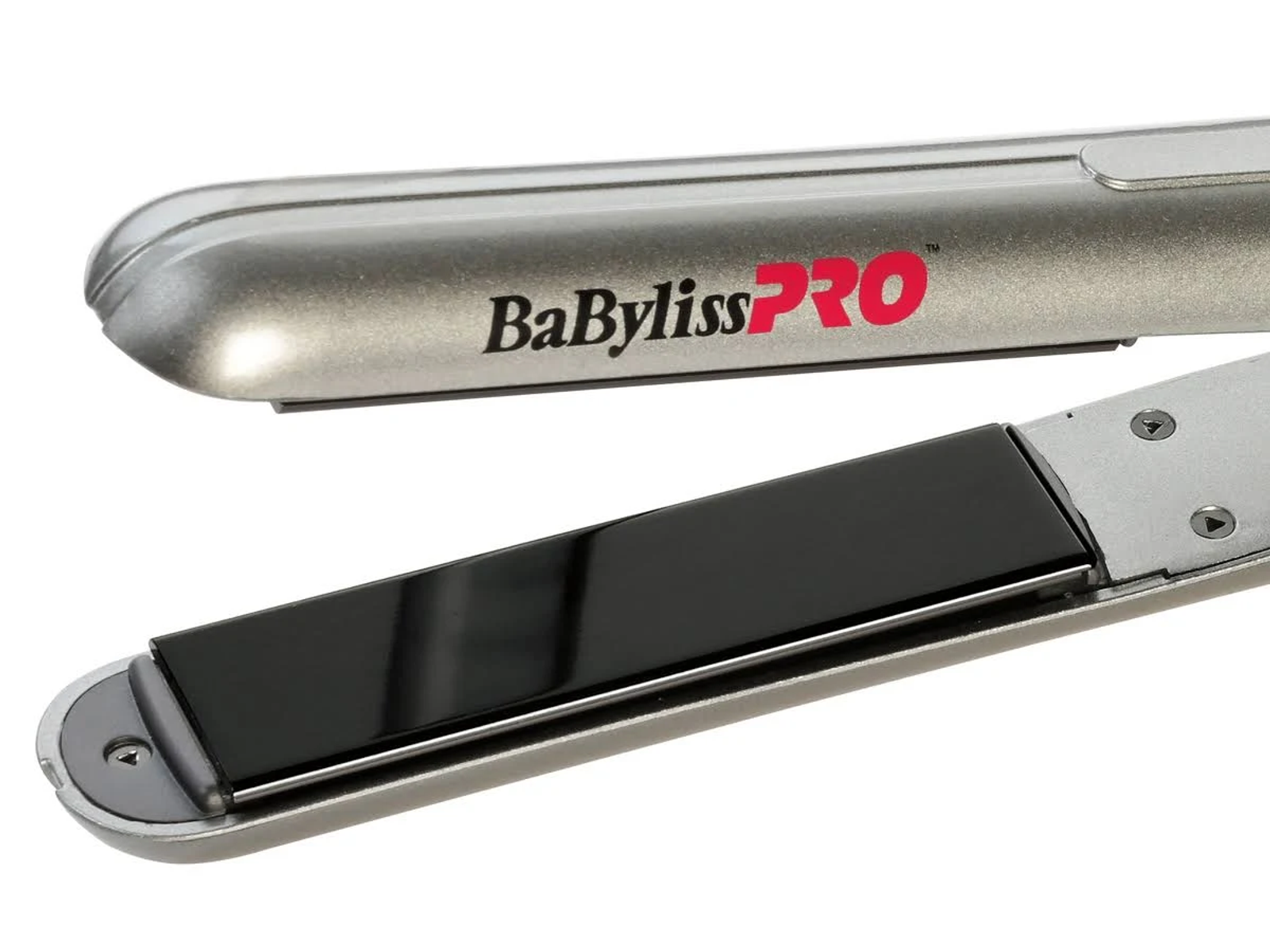 Srebrna prostownica do włosów BaByliss PRO, z czarną płytką.