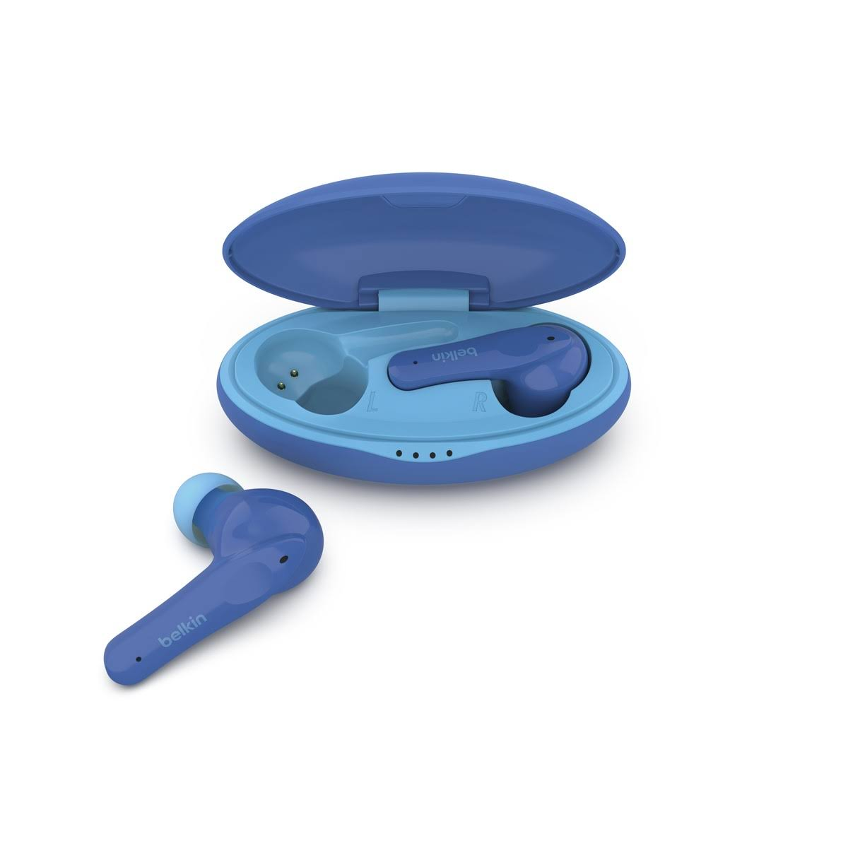 Auricolari wireless blu con la loro custodia di ricarica su sfondo bianco.