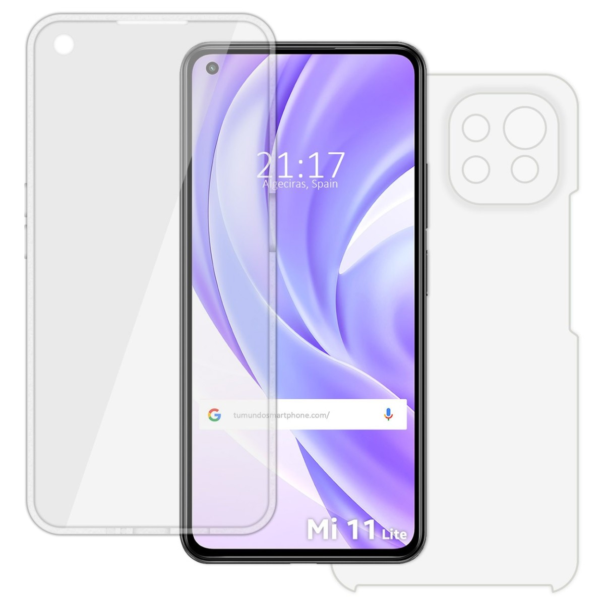 Schermo smartphone con protezione e cover bianche. Mostra l'ora 21:17 in Spagna.