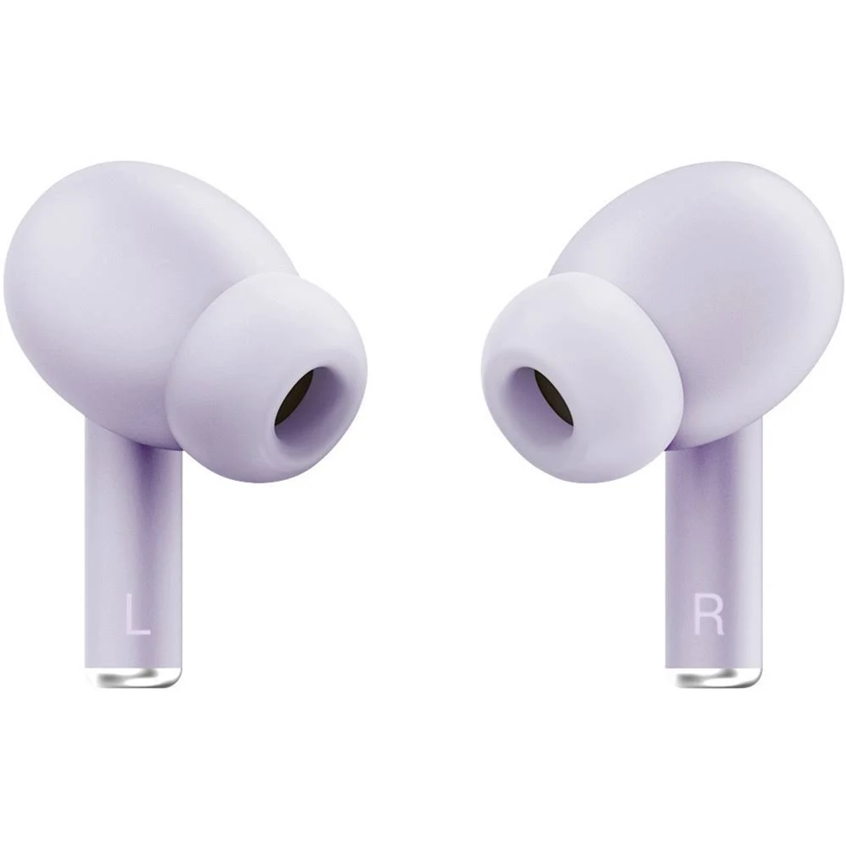 Dos auriculares morados. Cada auricular tiene una marca L o R.