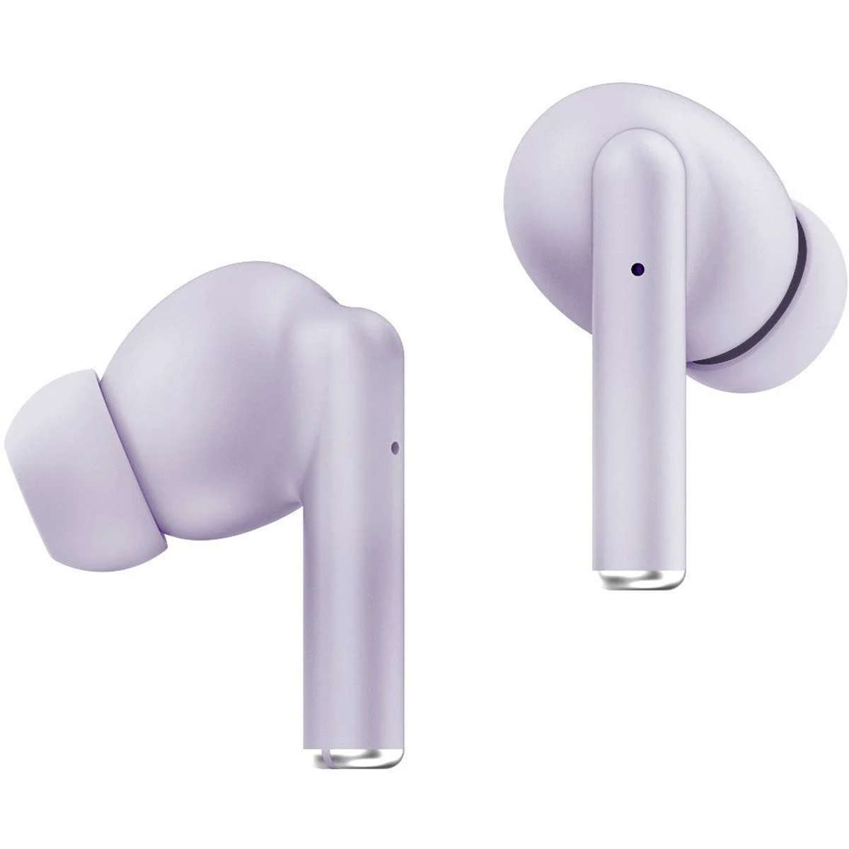 Dos auriculares morados claros, en ángulo, sobre un fondo blanco.