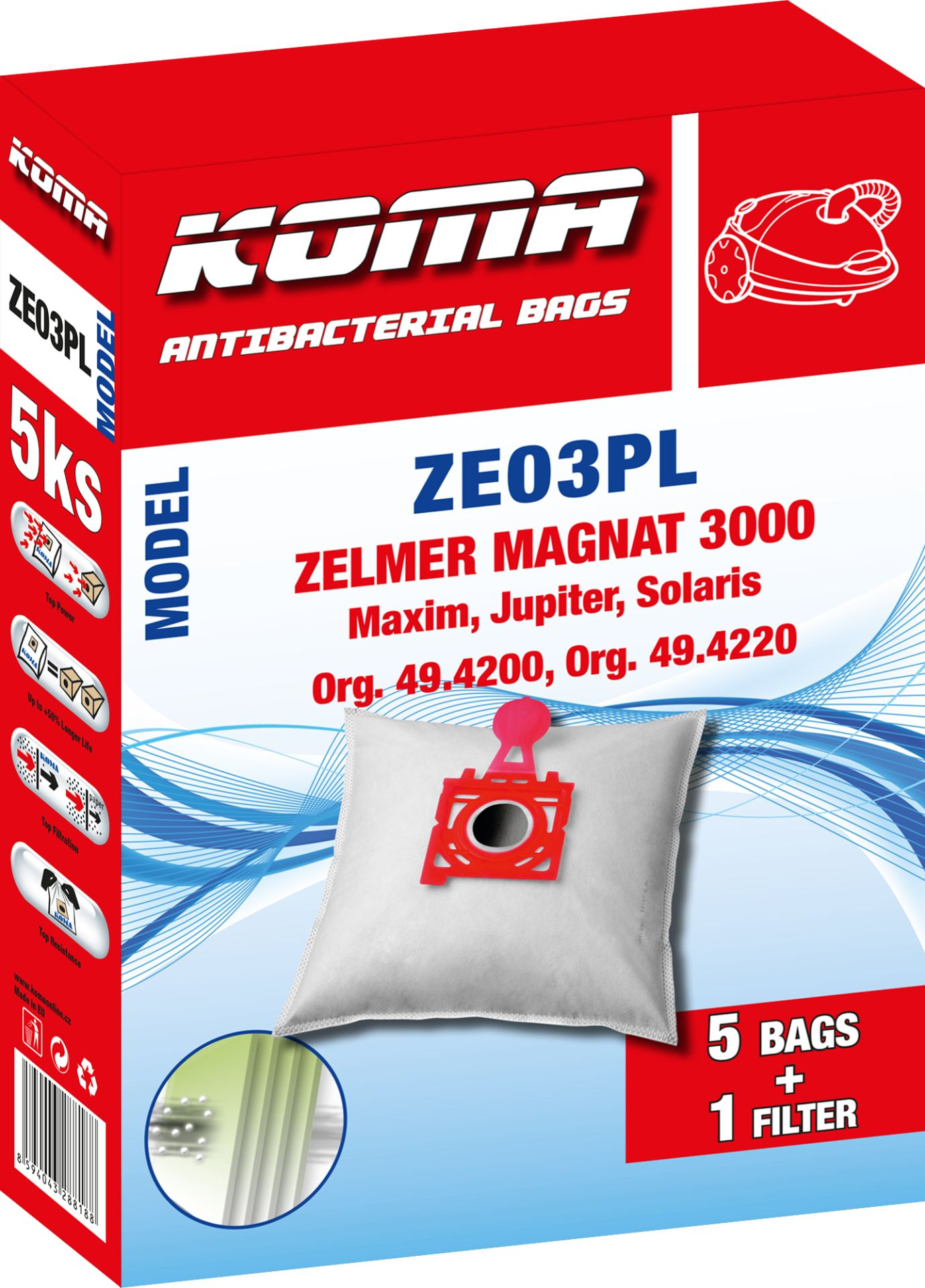 Ein Staubsaugerbeutelkarton. Rot und weiß, mit der Marke KOMA. Die Box zeigt BeuteldDetails.